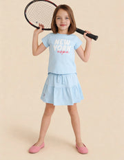 Girls Blue Cotton Typographic Printed Regular Fit Top