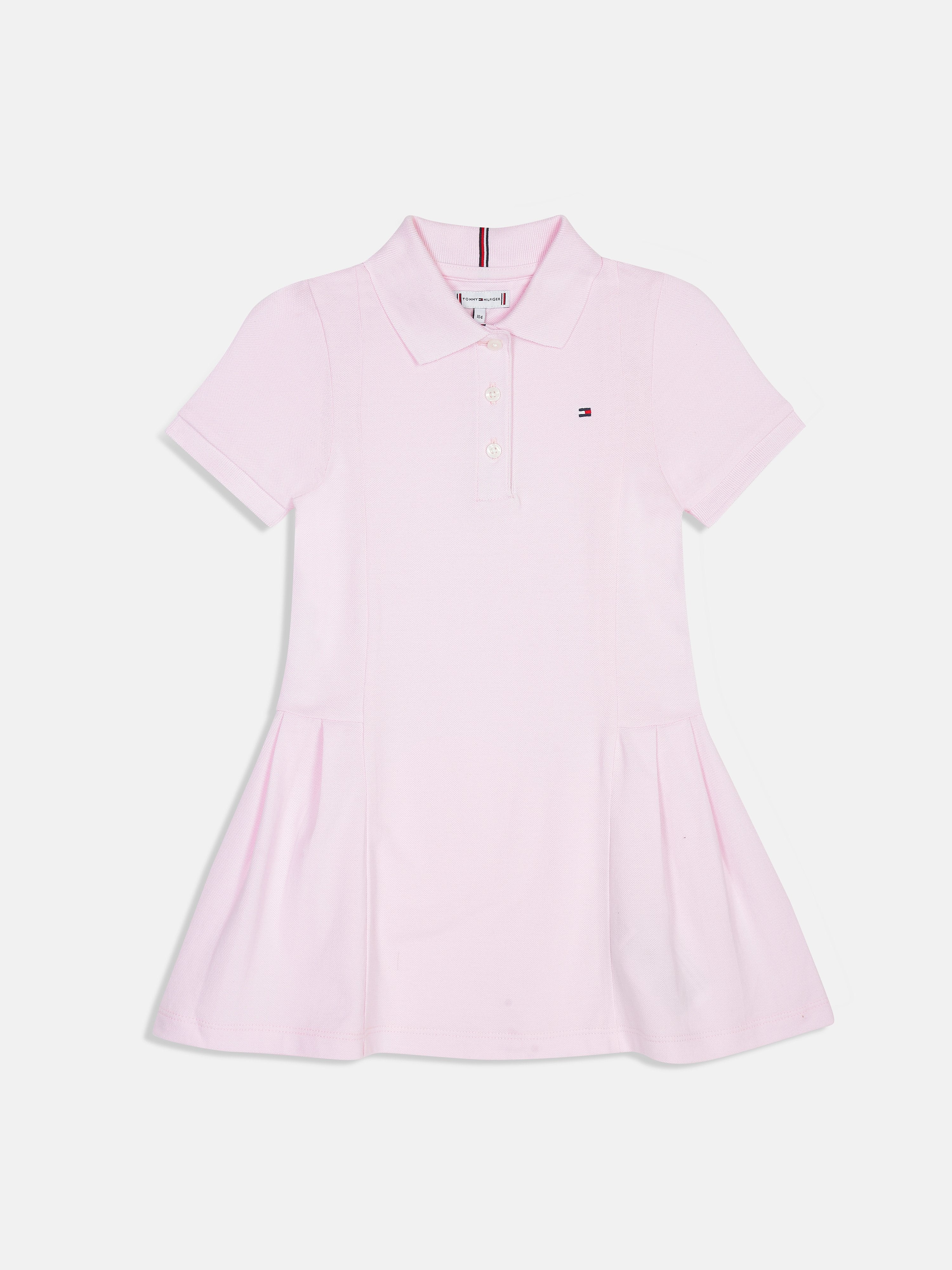 Girls Pearly Pink Cotton Polo Collar A-Line Dress