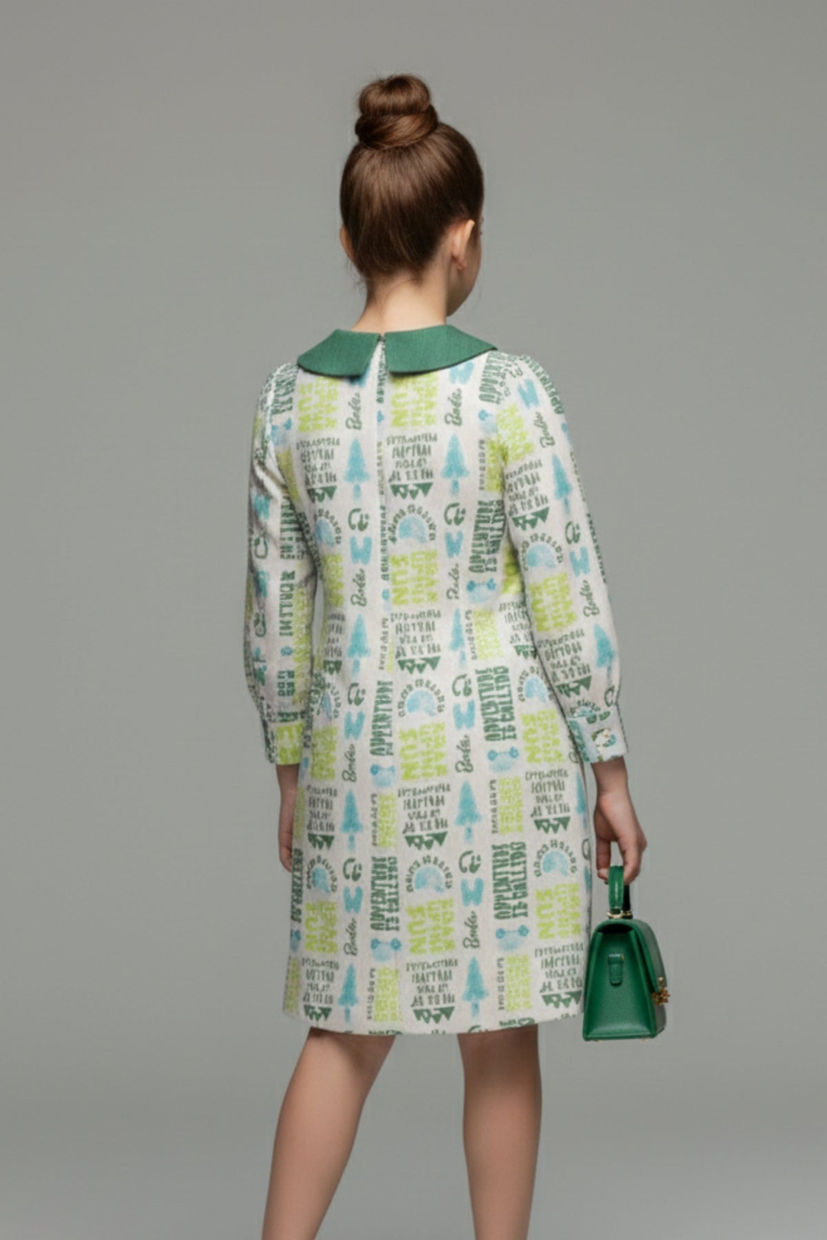 Barbie Off-White Printed Bow Collar Dress