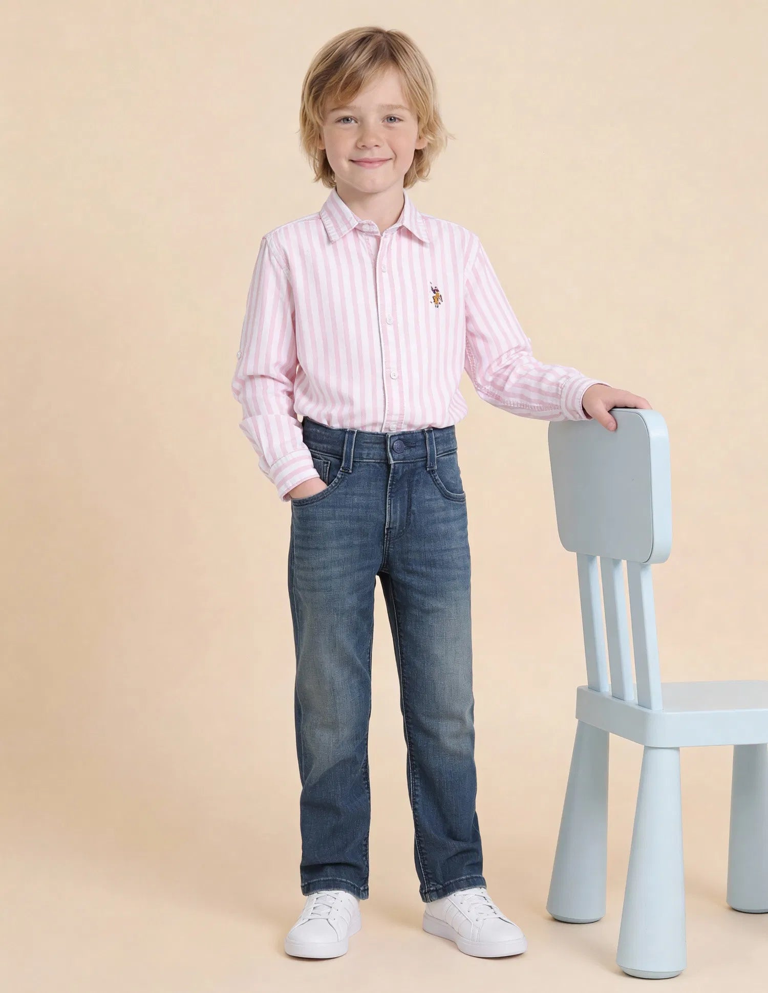 Boys Mid Blue Cotton Relaxed Fit Whiskered Jeans