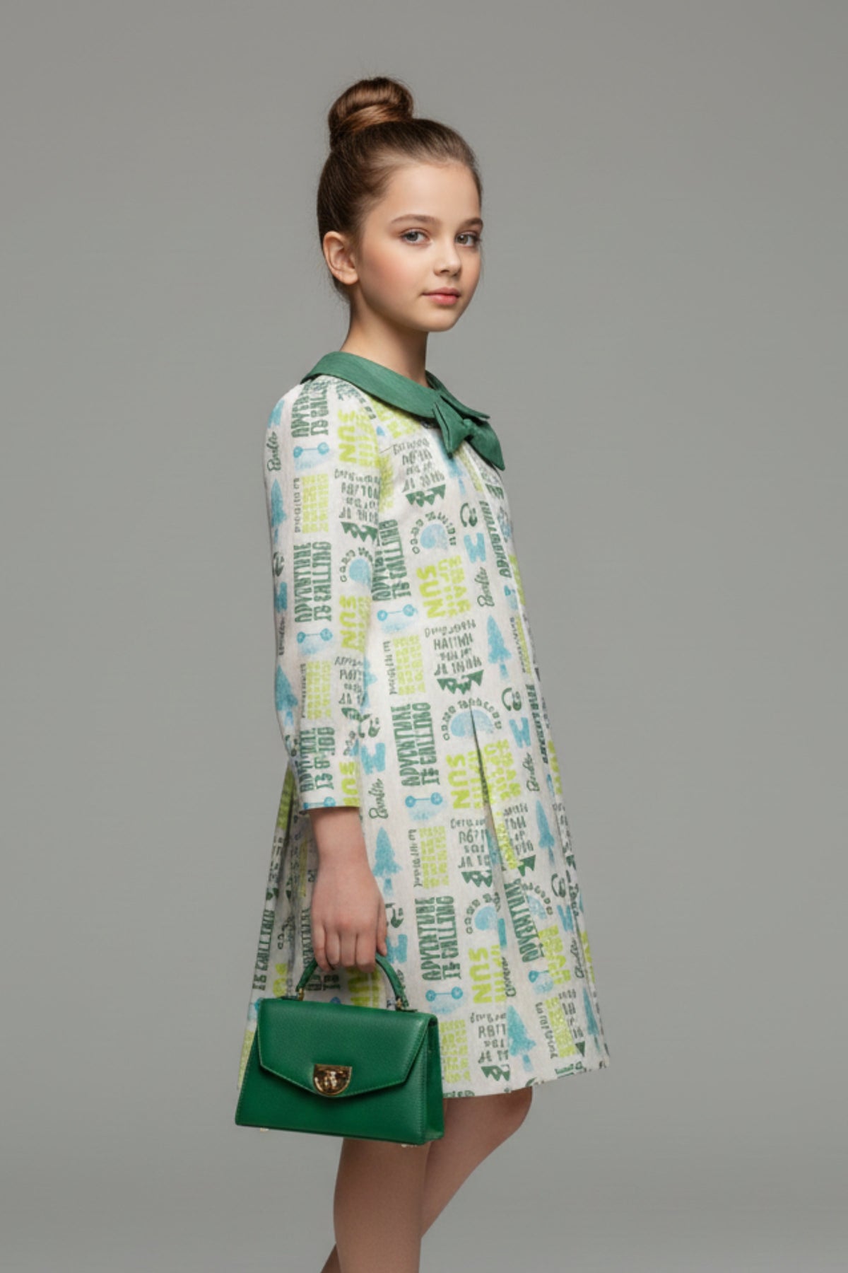 Barbie Off-White Printed Bow Collar Dress