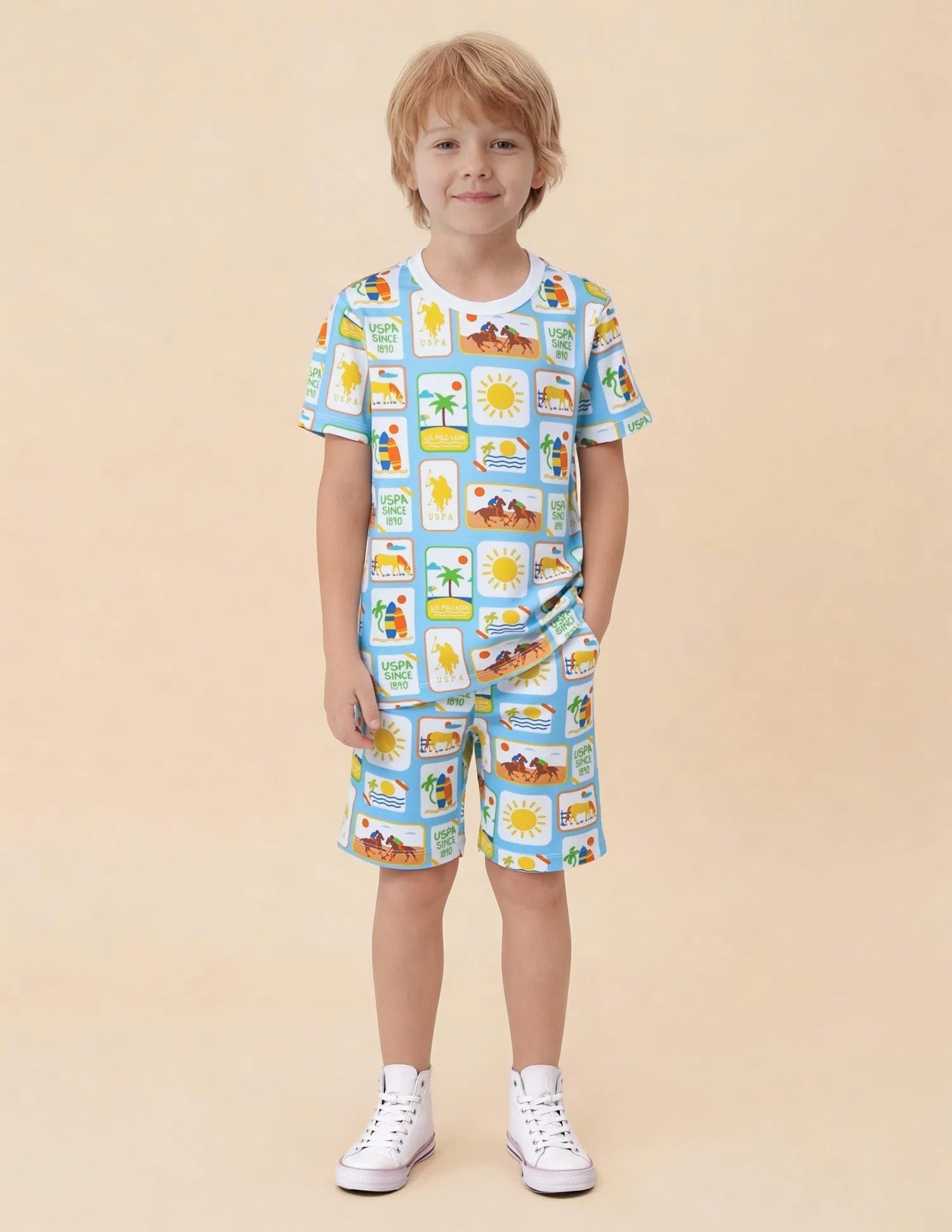 Boys Light Blue Cotton All Over Graphic Regular Fit T-Shirt