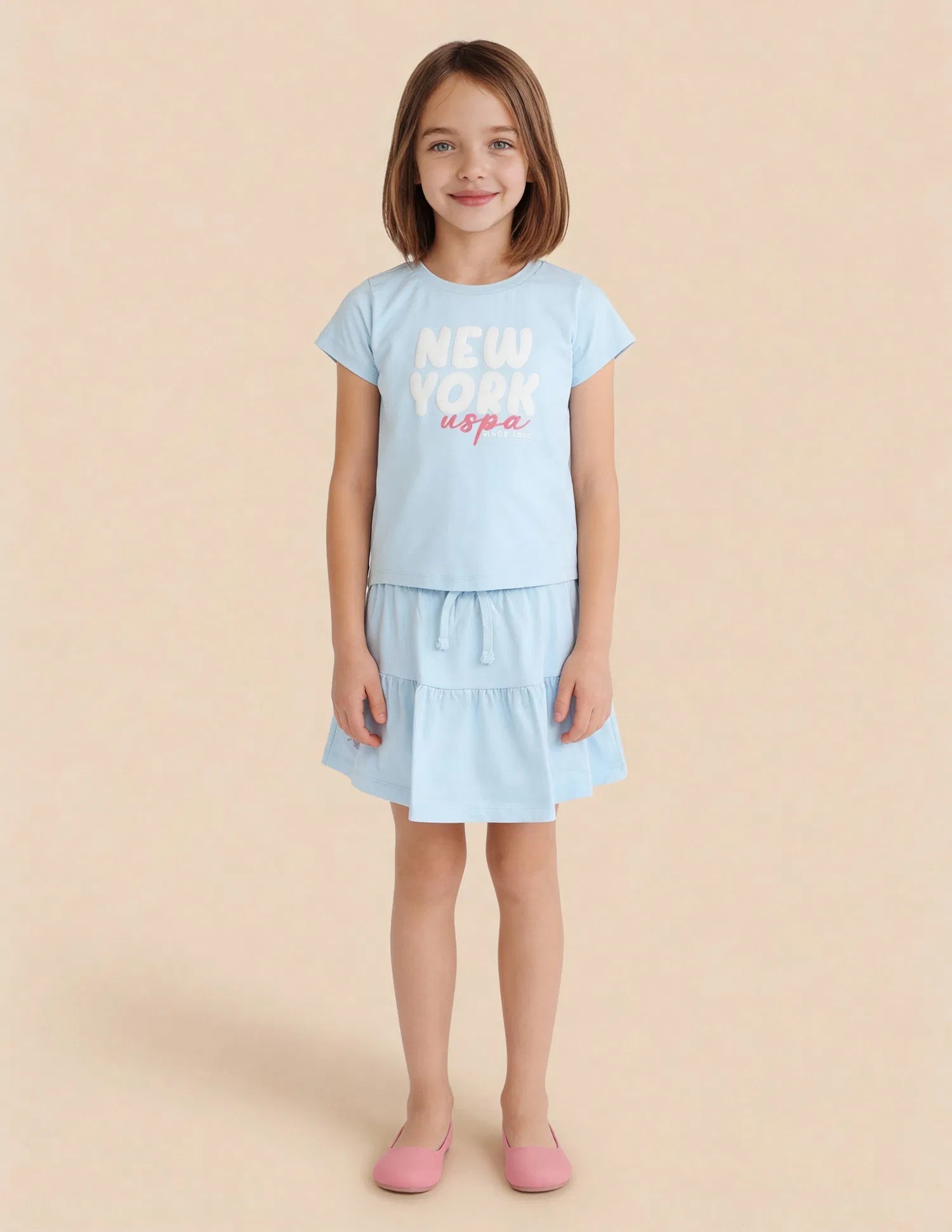 Girls Blue Cotton Typographic Printed Regular Fit Top