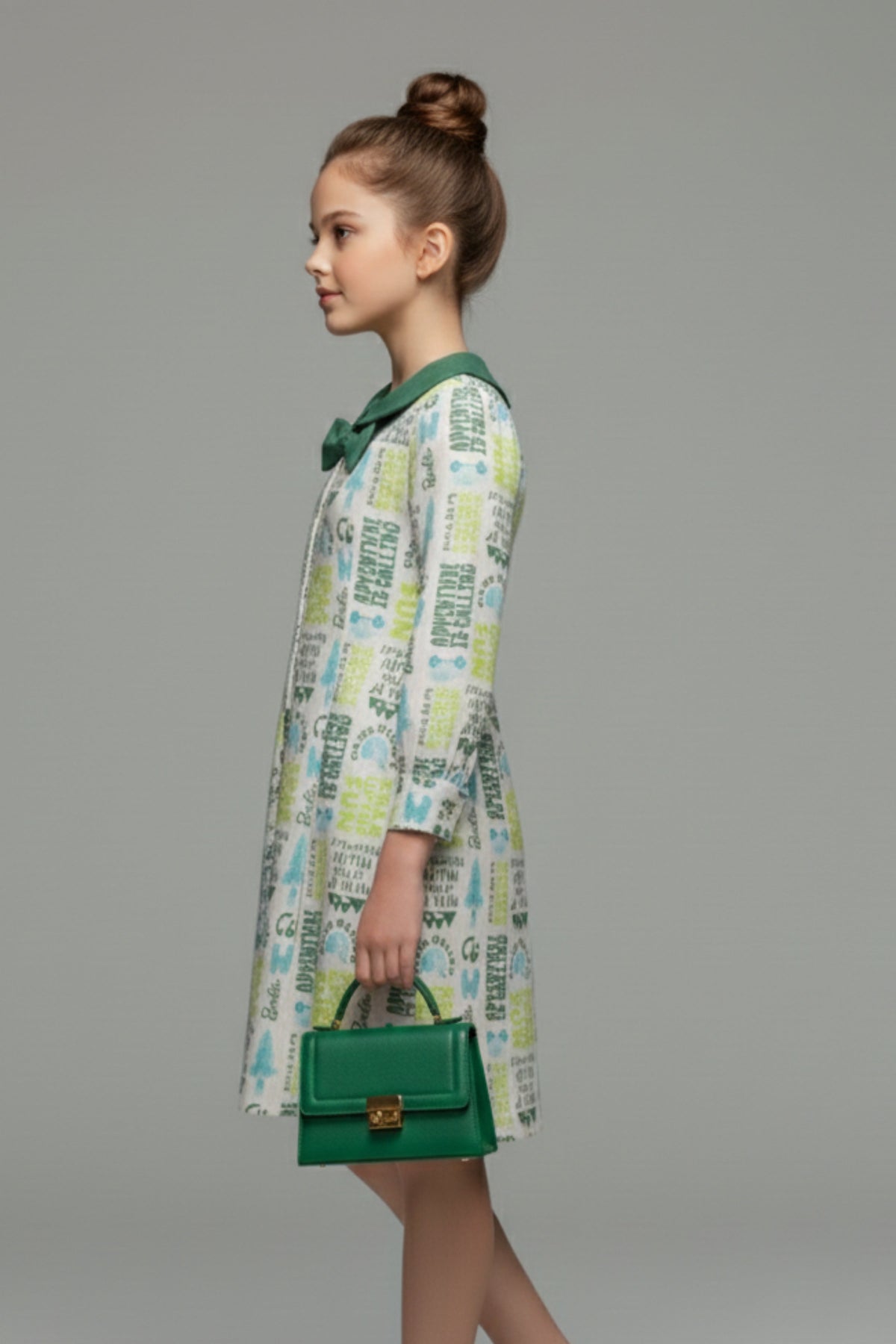 Barbie Off-White Printed Bow Collar Dress