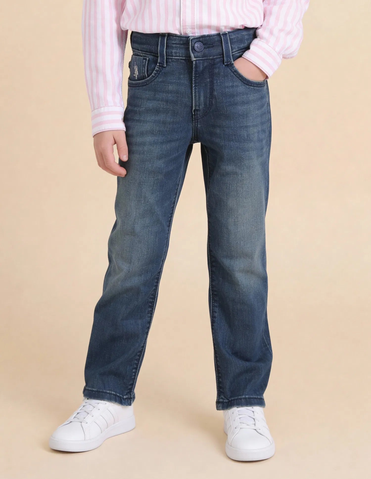 Boys Mid Blue Cotton Relaxed Fit Whiskered Jeans