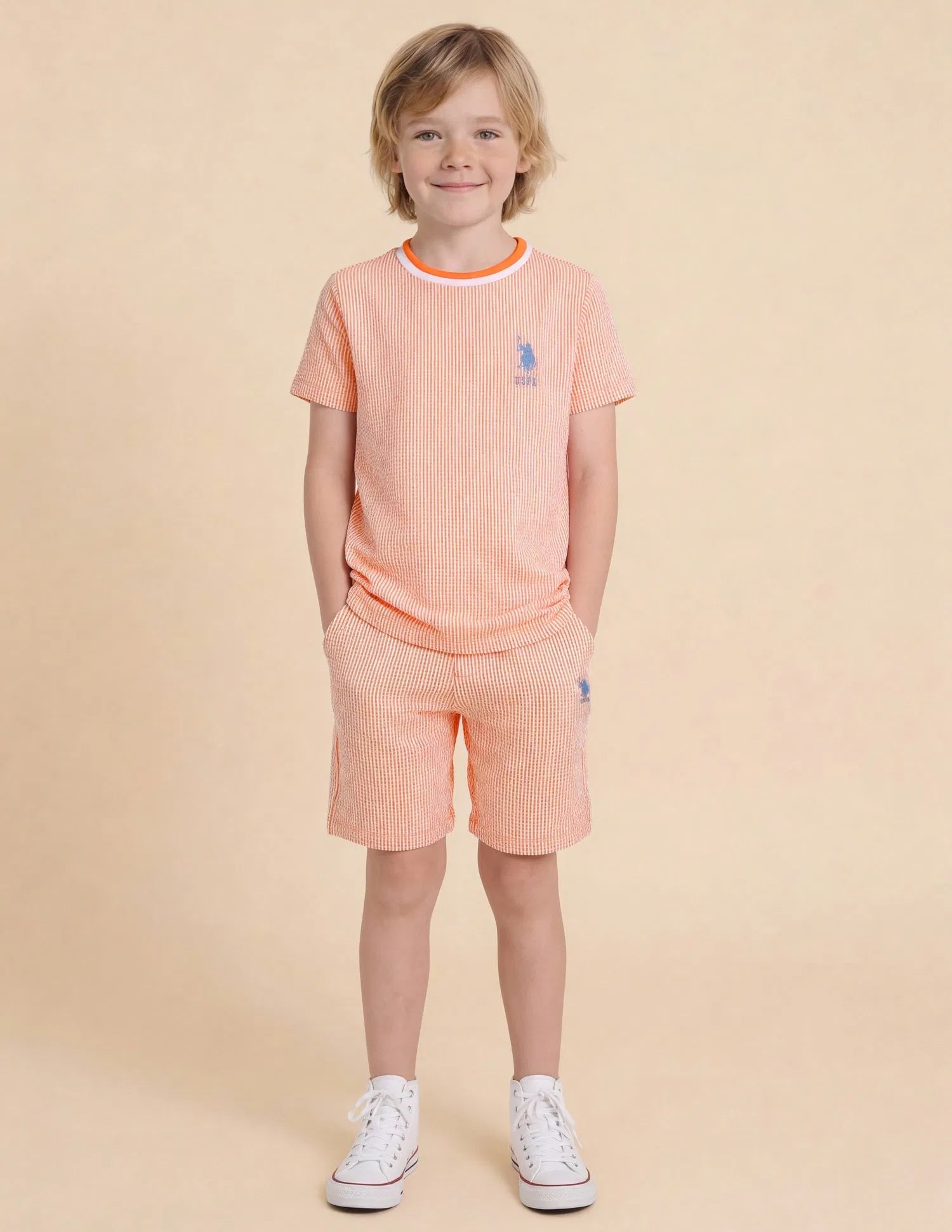 Boys Orange Cotton Blend Vertical Striped Regular Fit T-Shirt