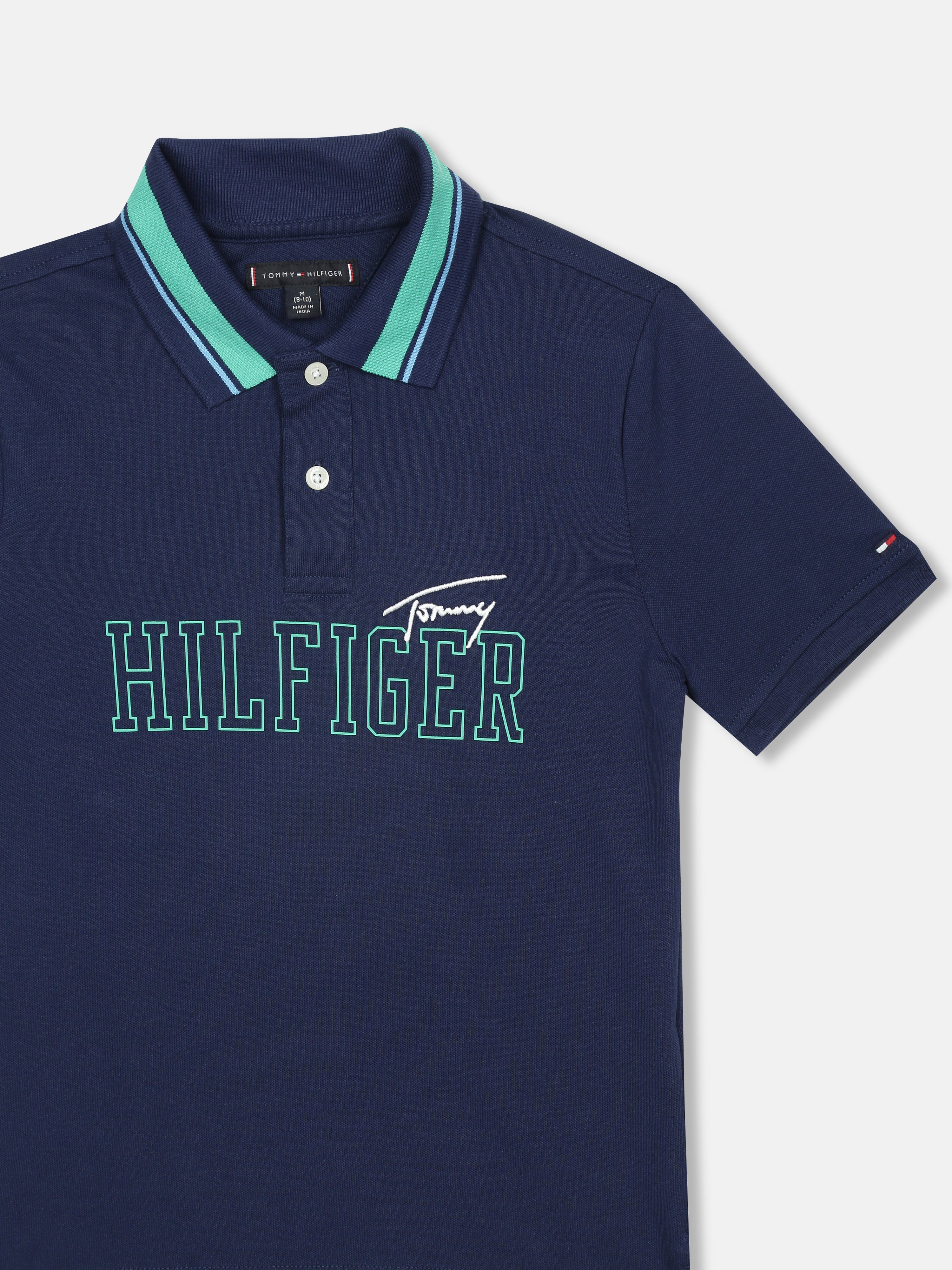 Girls Navy Cotton Logo Knit Polo Casual Top