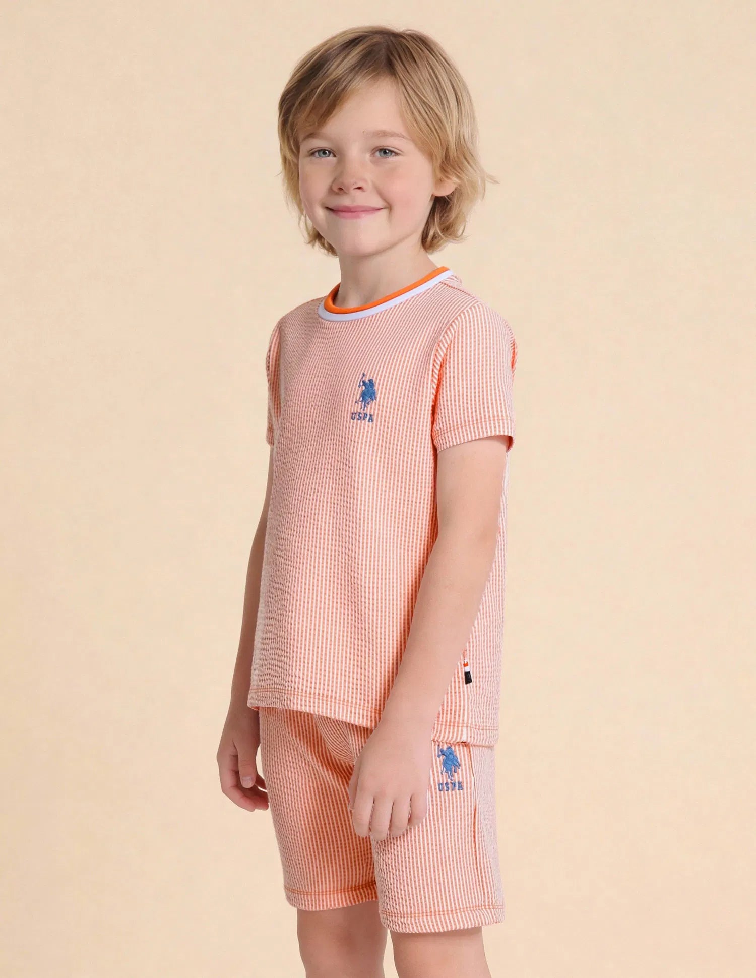 Boys Orange Cotton Blend Vertical Striped Regular Fit T-Shirt
