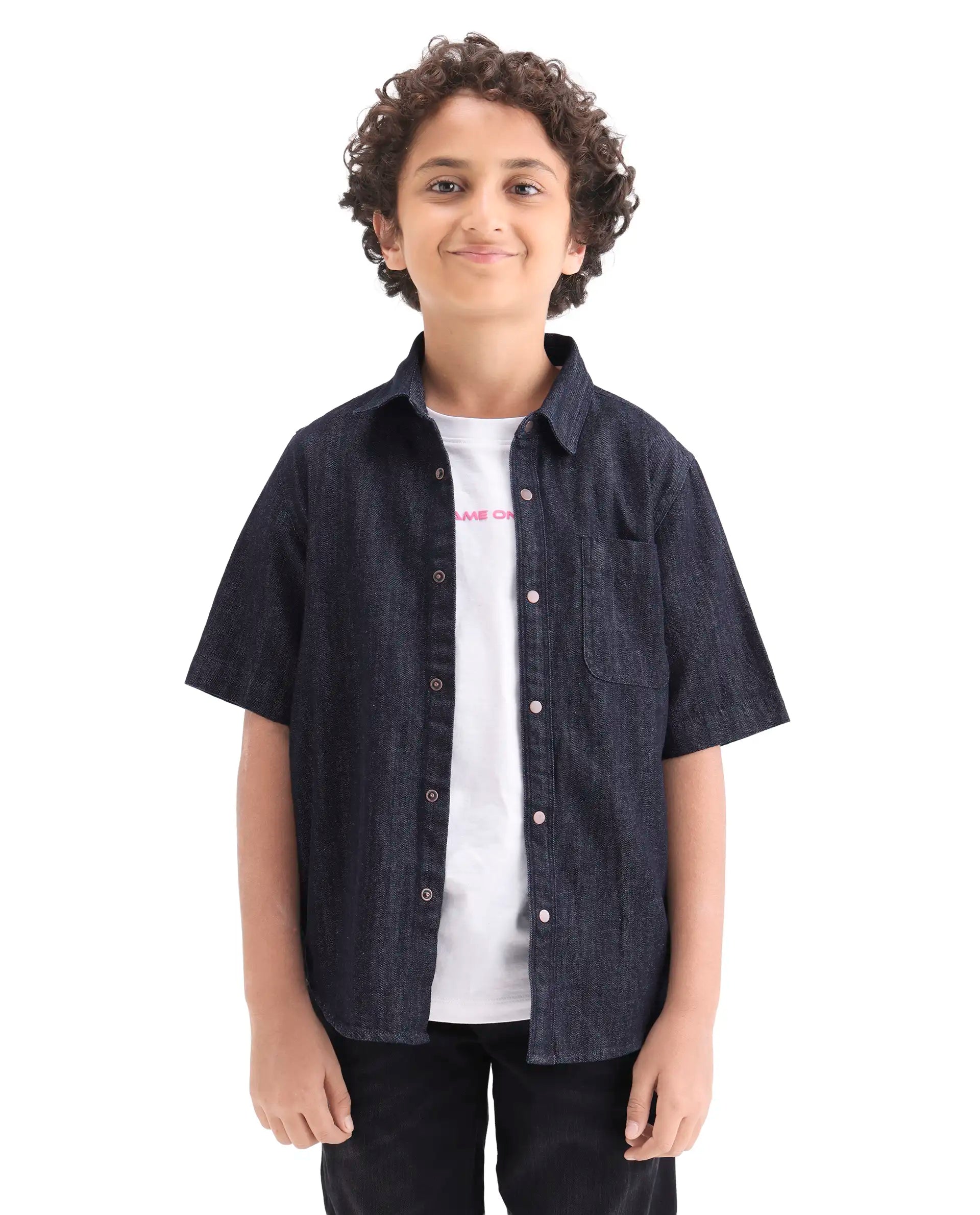 Rare Ones Boys Dark Blue Cotton Snap Button Shirt