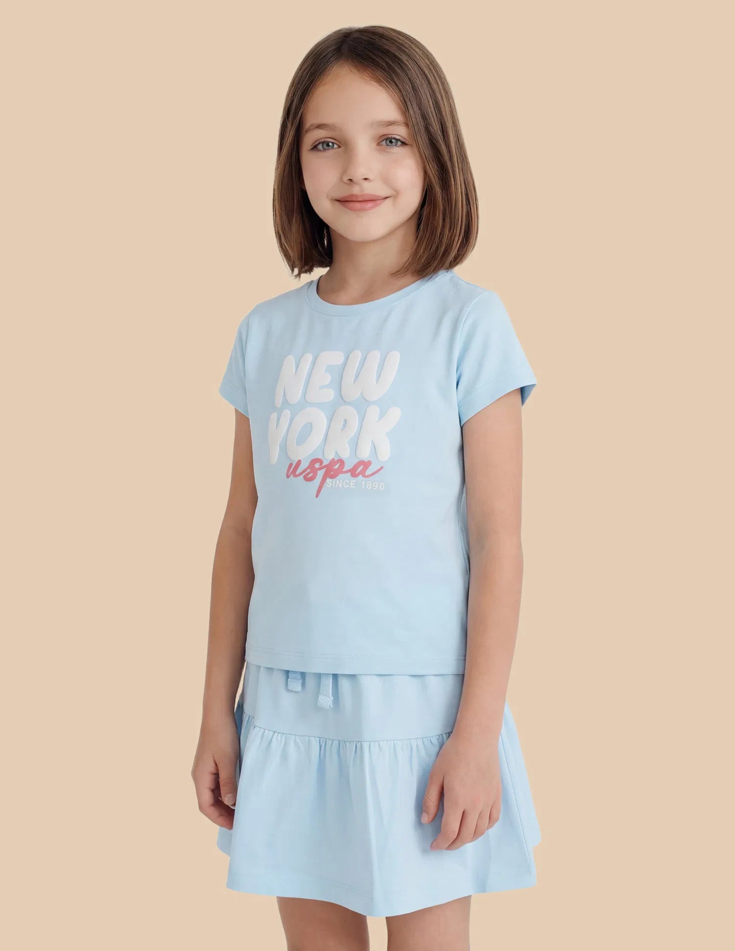 Girls Blue Cotton Typographic Printed Regular Fit Top