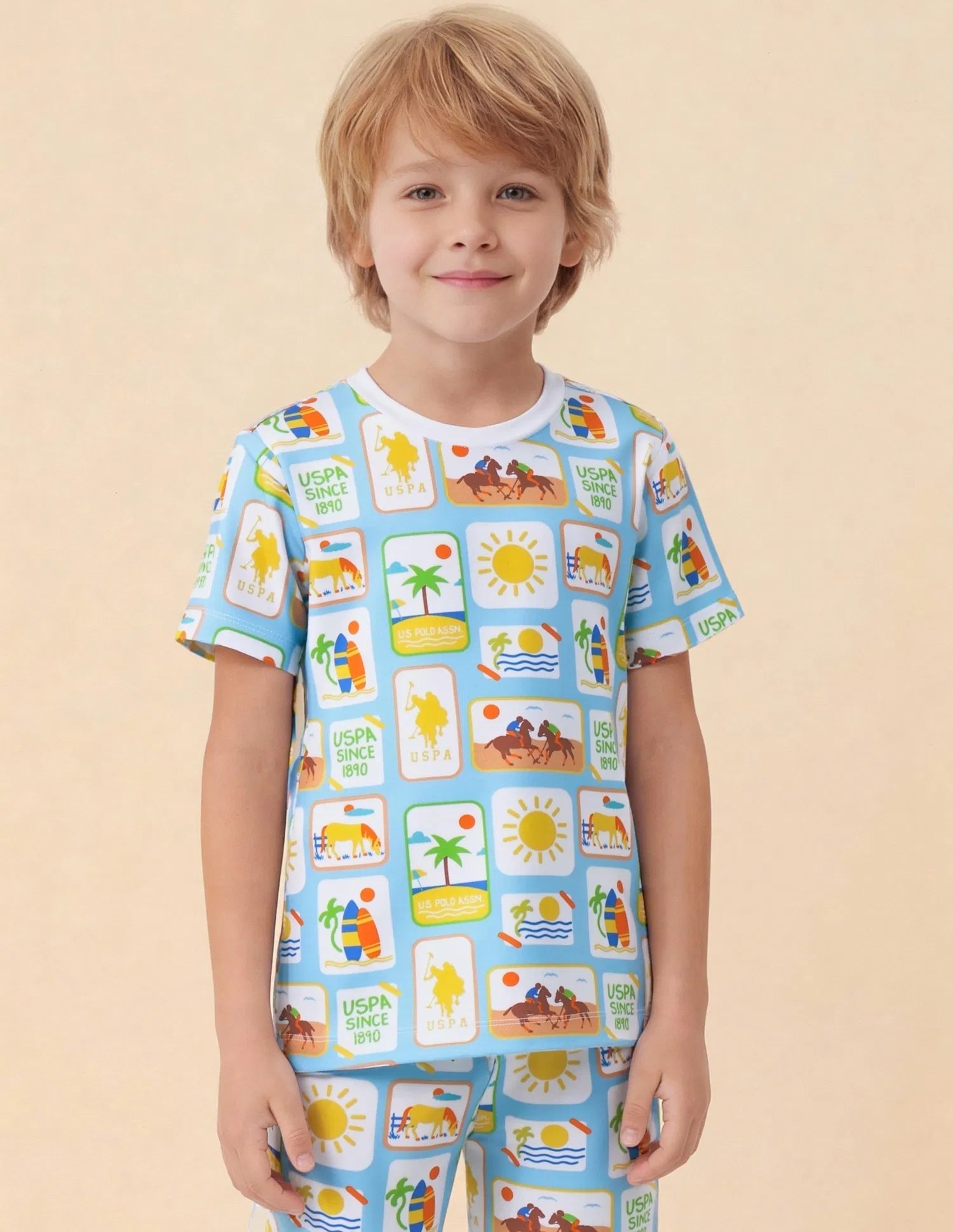 Boys Light Blue Cotton All Over Graphic Regular Fit T-Shirt