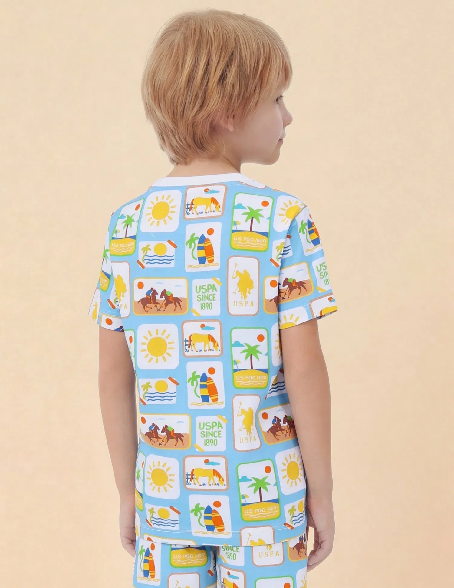 Boys Light Blue Cotton All Over Graphic Regular Fit T-Shirt
