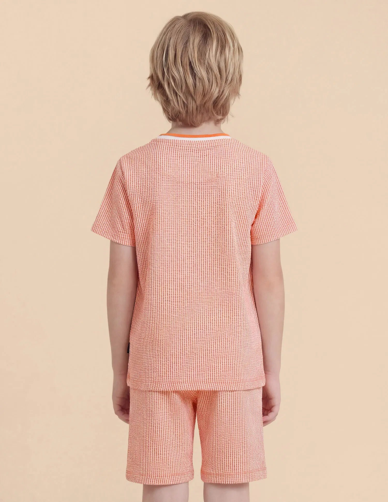 Boys Orange Cotton Blend Vertical Striped Regular Fit T-Shirt