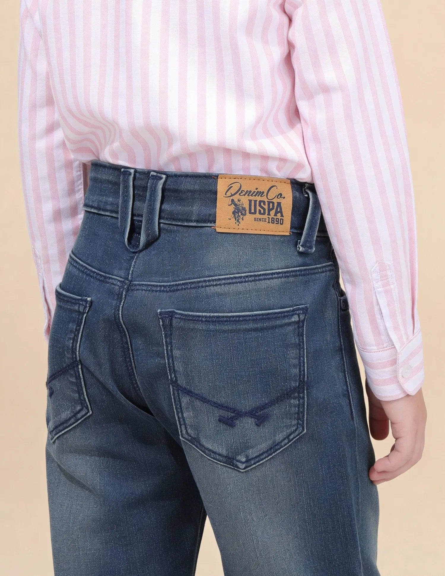 Boys Mid Blue Cotton Relaxed Fit Whiskered Jeans