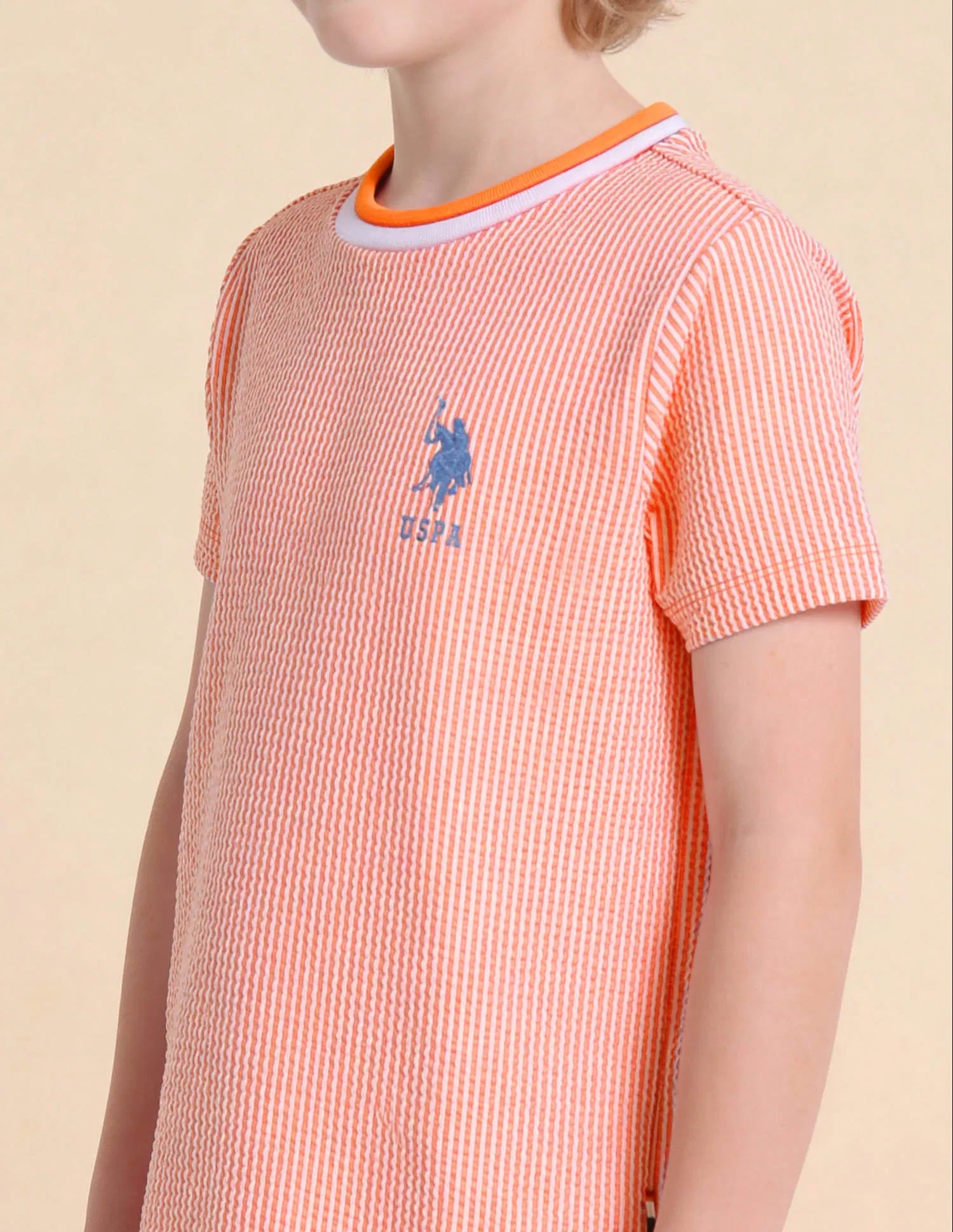 Boys Orange Cotton Blend Vertical Striped Regular Fit T-Shirt