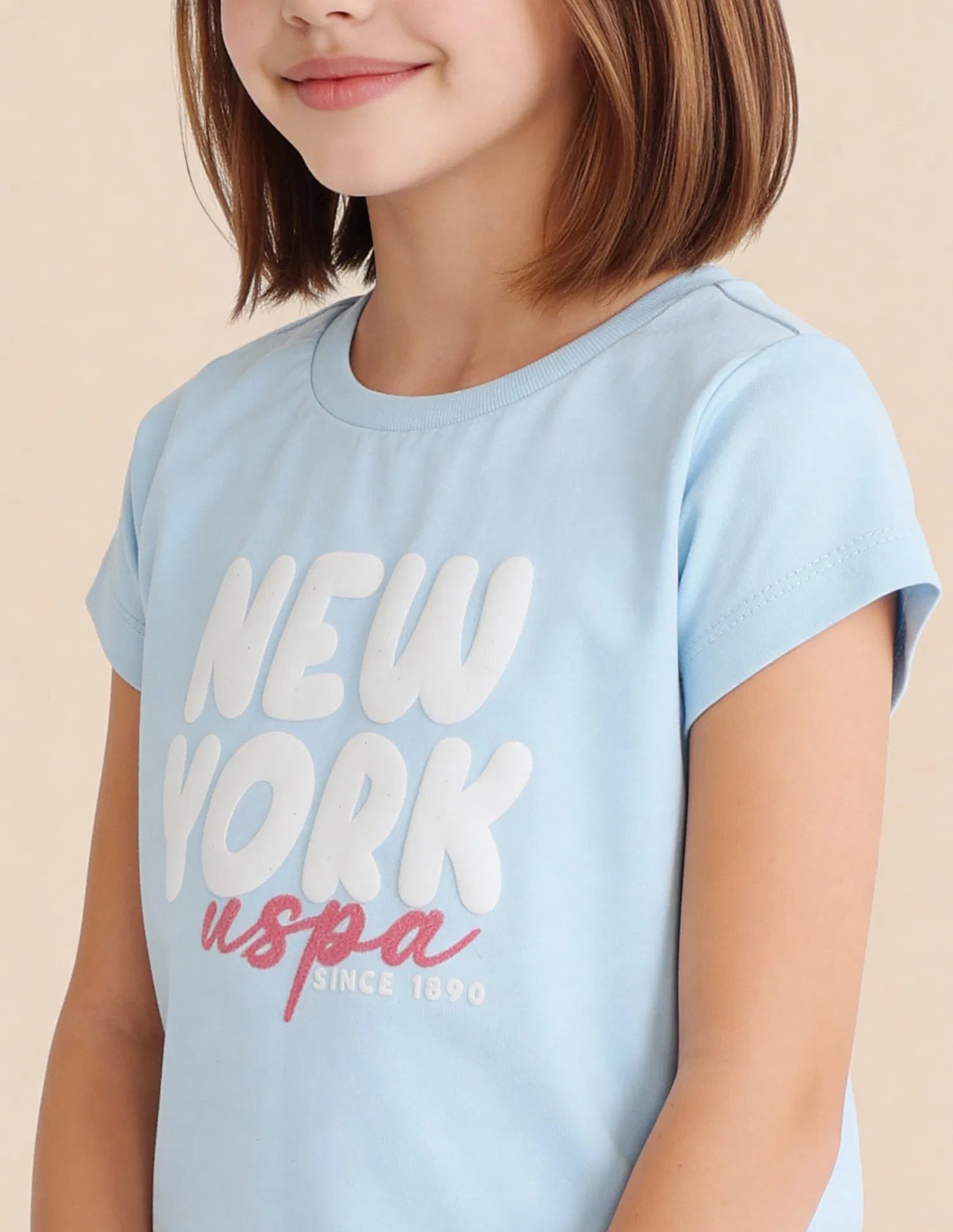 Girls Blue Cotton Typographic Printed Regular Fit Top