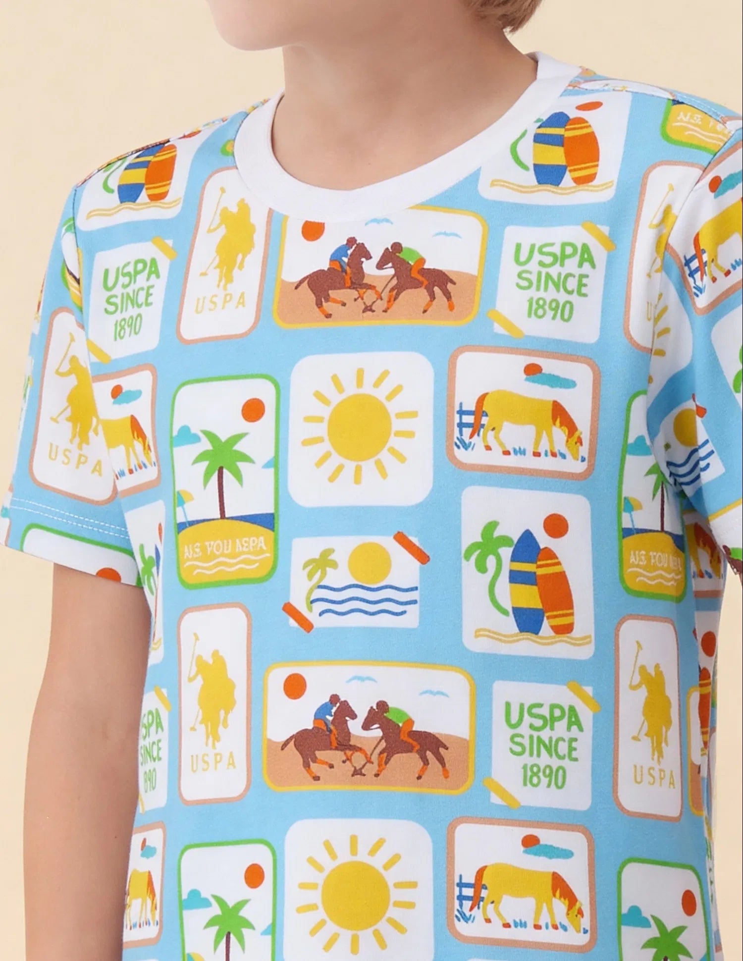 Boys Light Blue Cotton All Over Graphic Regular Fit T-Shirt