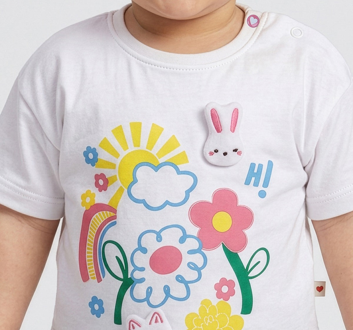 Drop Shoulder Tee with Print & Appliques White