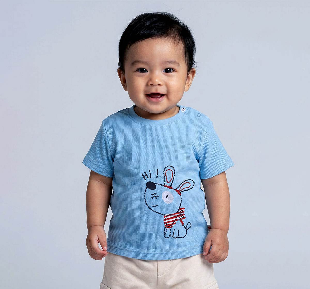 Waffle Tee with Dog Embroidery Blue