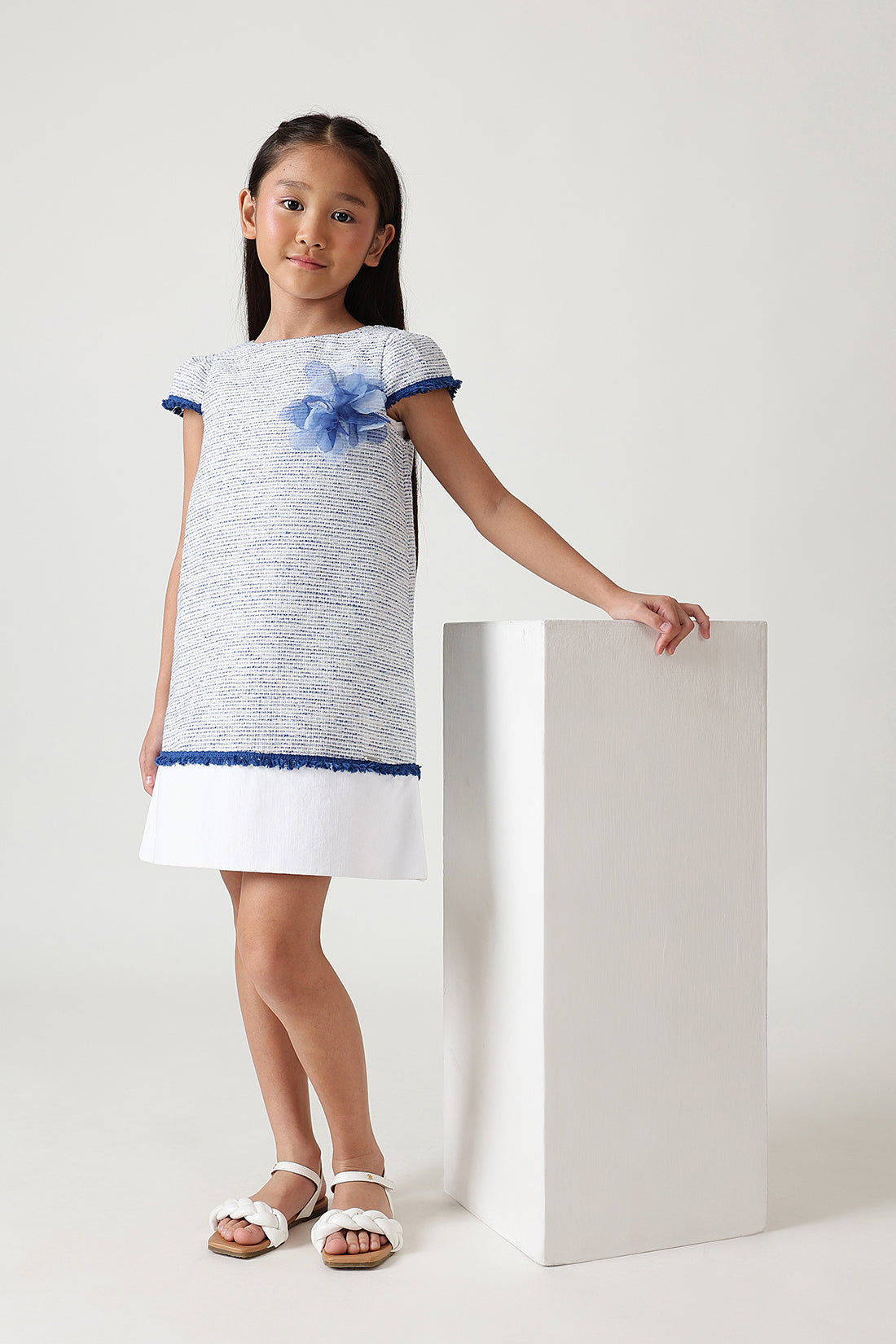 Girls Blue Boucle Cotton Party Dress