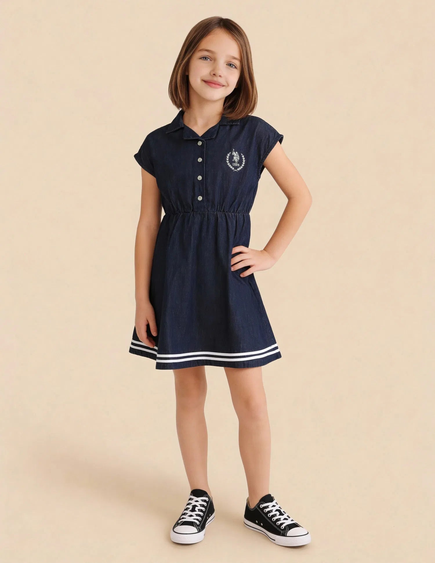 Girls Navy Cotton Solid Shirt Collar Skater Dress