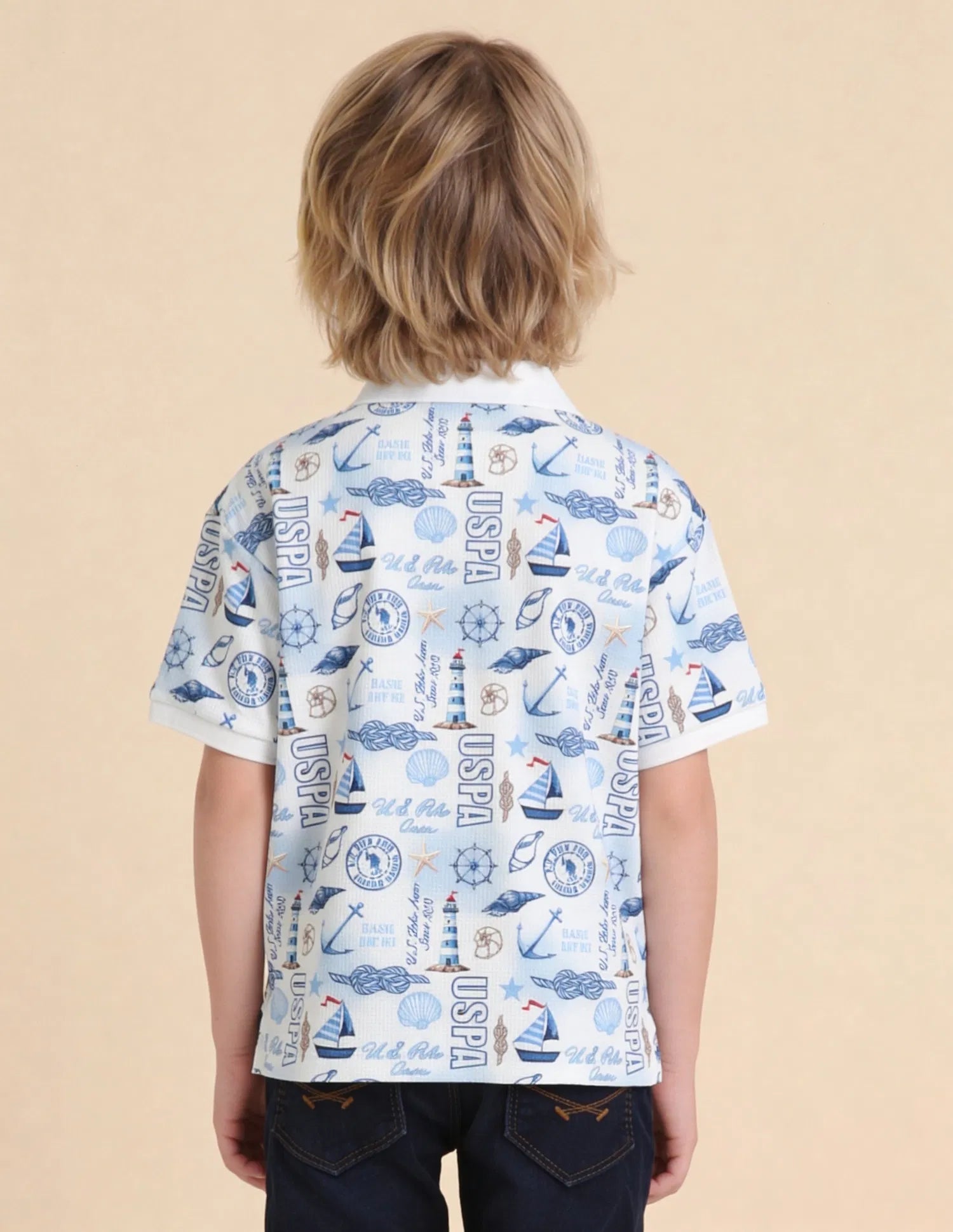 Boys Off White Polyester Blend Graphic Print Regular Fit Polo Shirt