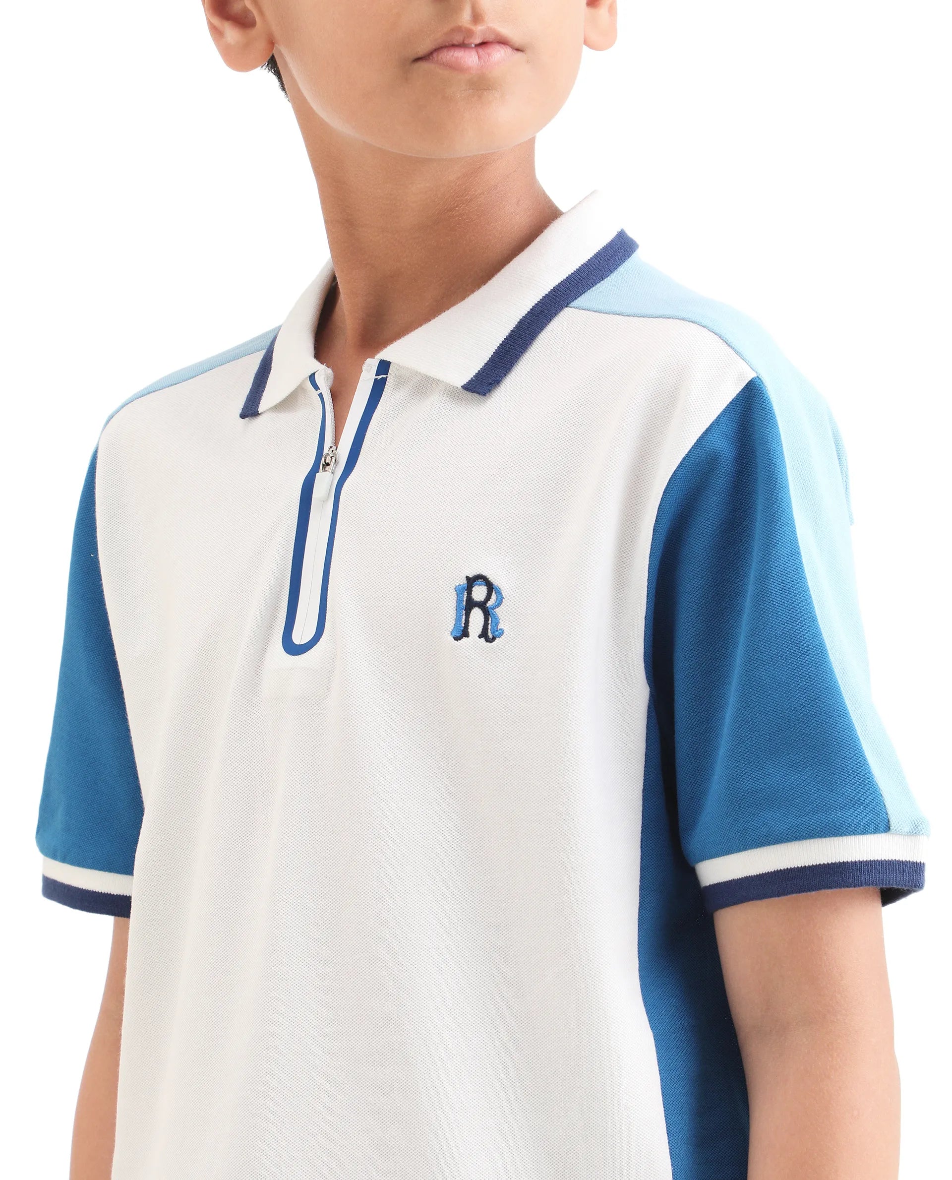 Boys Off White Embroidered Zipper Polo