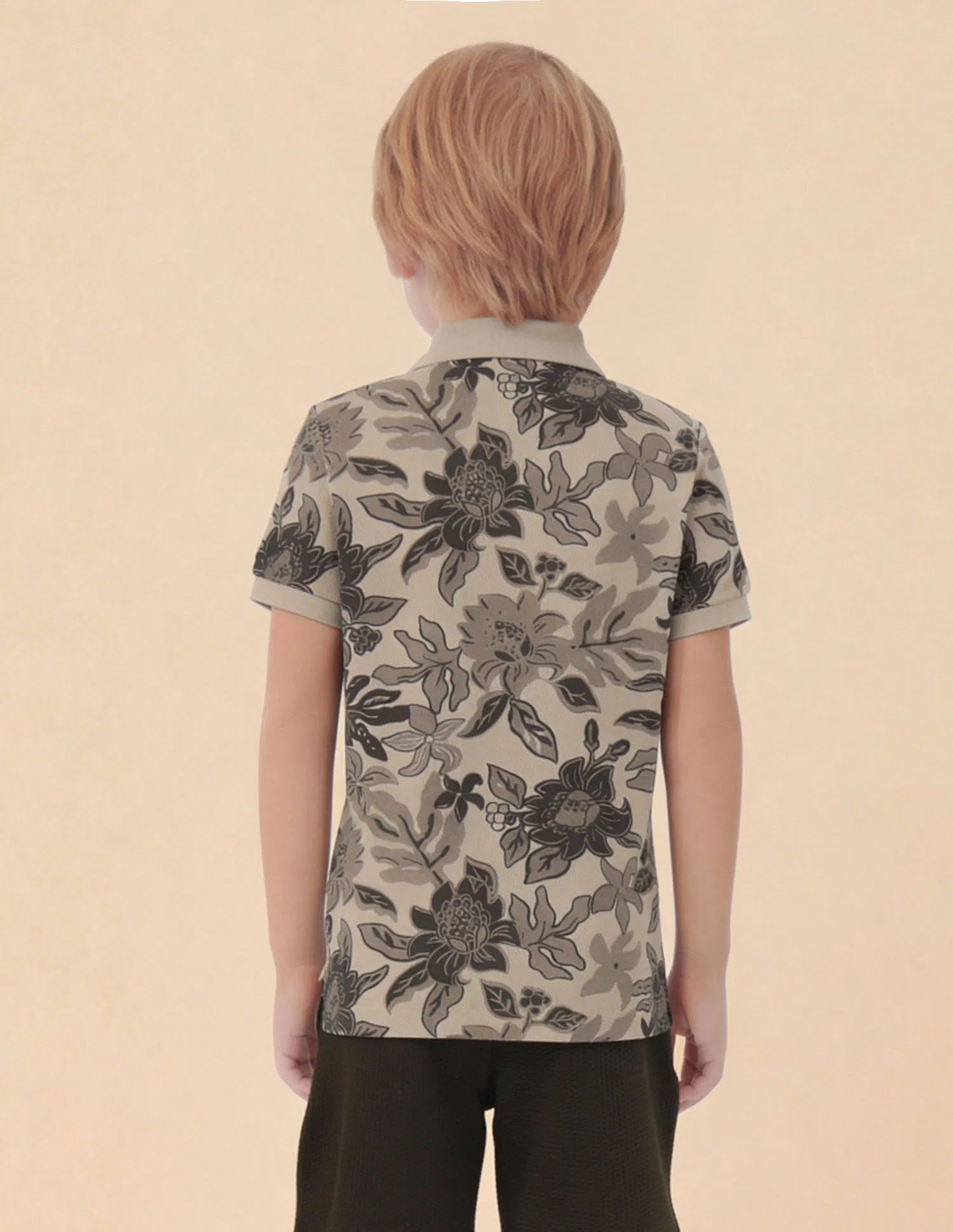 Boys Light Brown Cotton Floral Print Regular Fit Polo Shirt