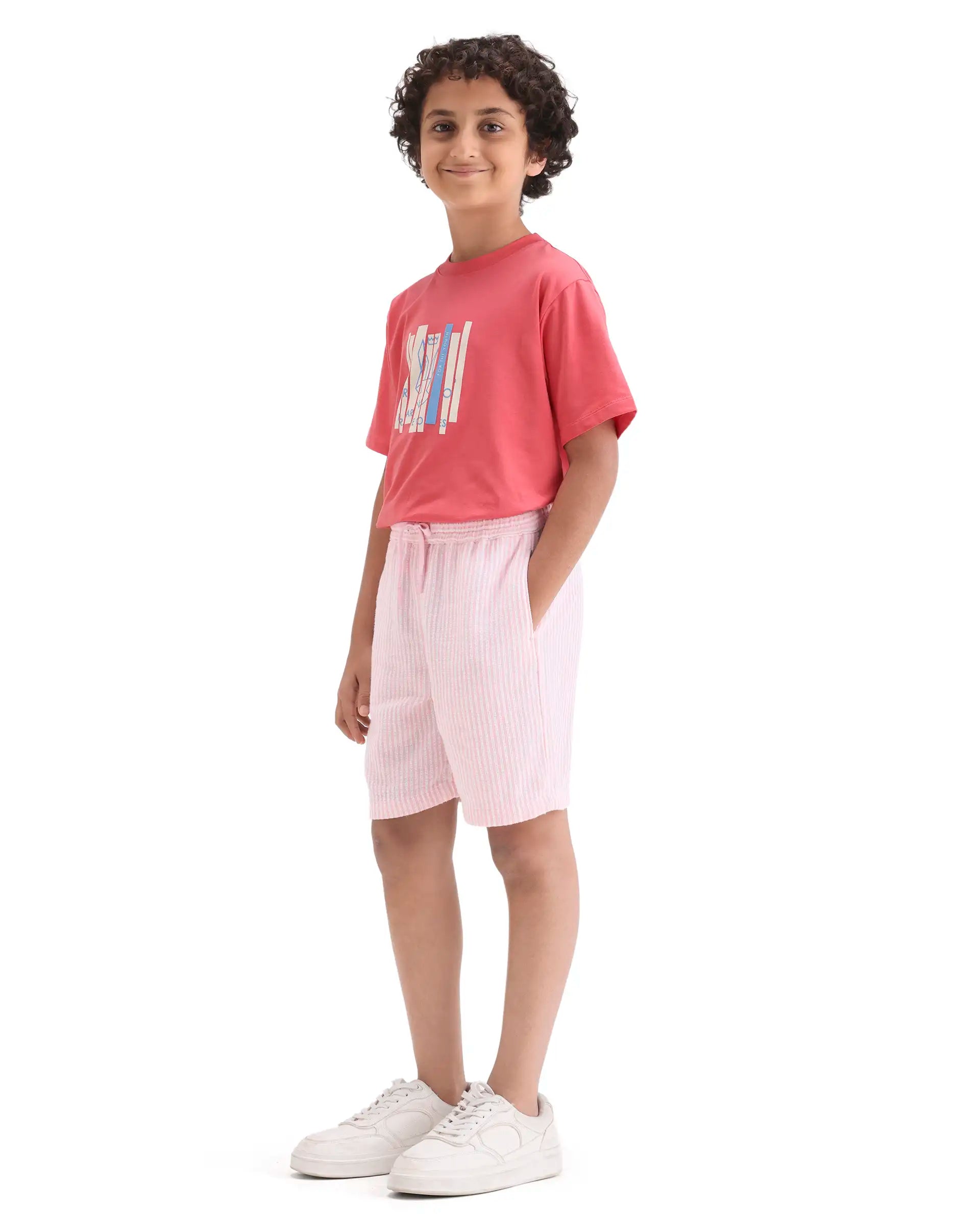Boys Pink Cotton Linen Regular Fit Shorts