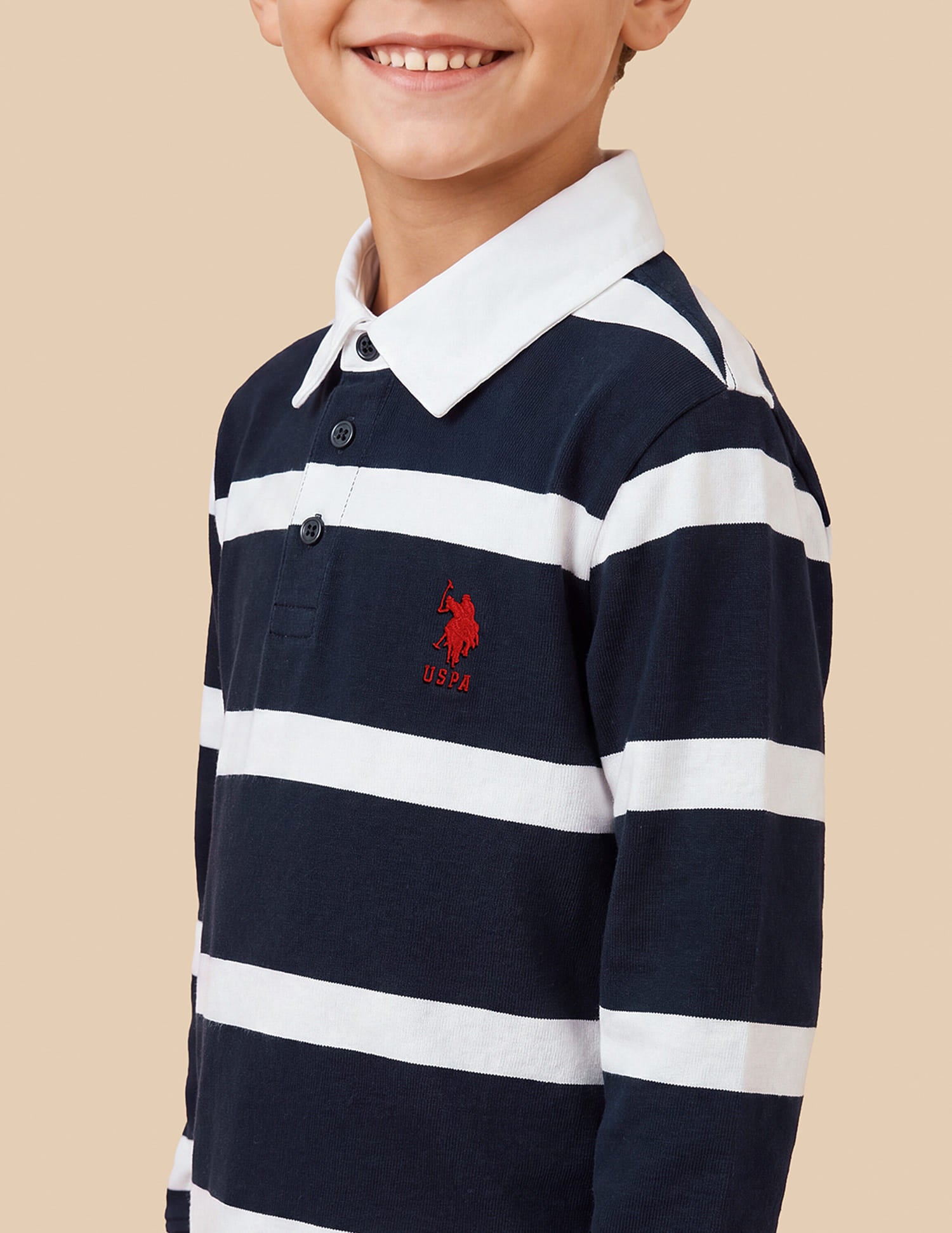 Boys Navy Cotton Horizontal Striped Regular Fit Polo Shirt
