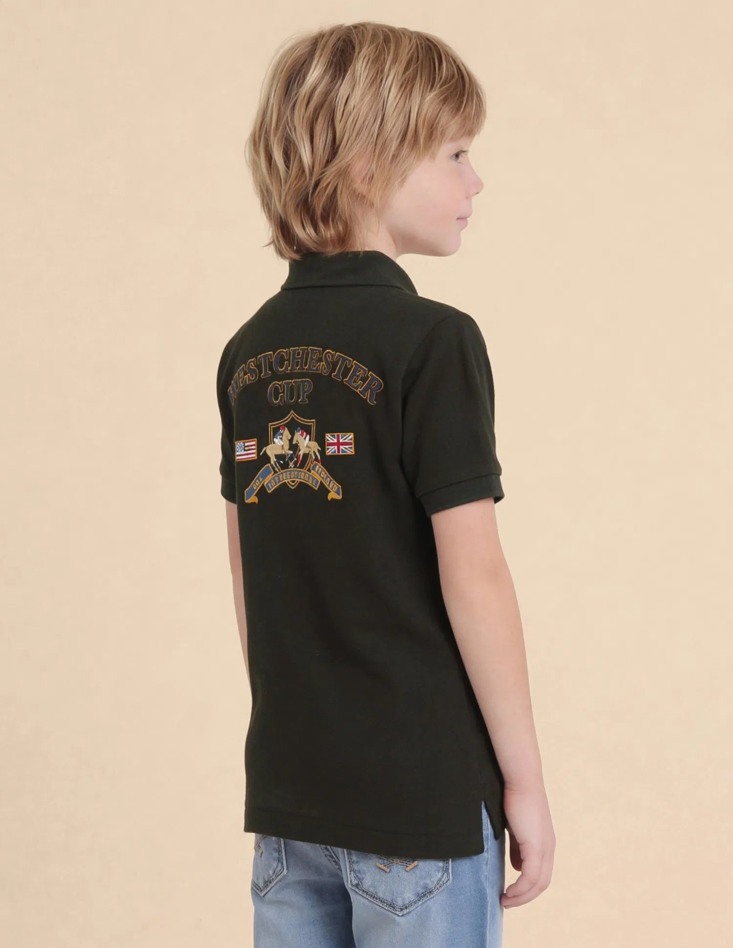 Boys Olive Cotton Embroidered Polo Shirt Regular Fit