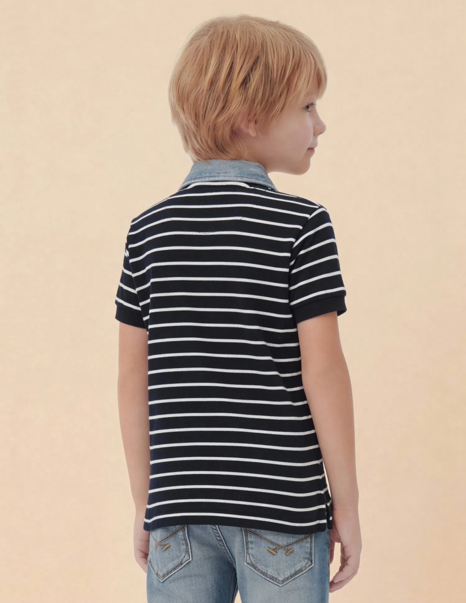 Boys Navy Cotton Striped Regular Fit Polo Shirt