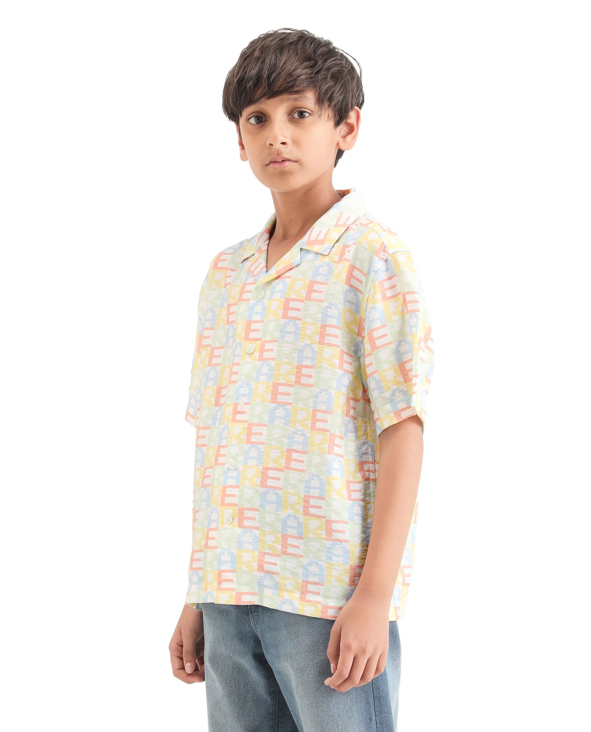 Boys Multi Print Boxy Fit Viscose Blend Shirt