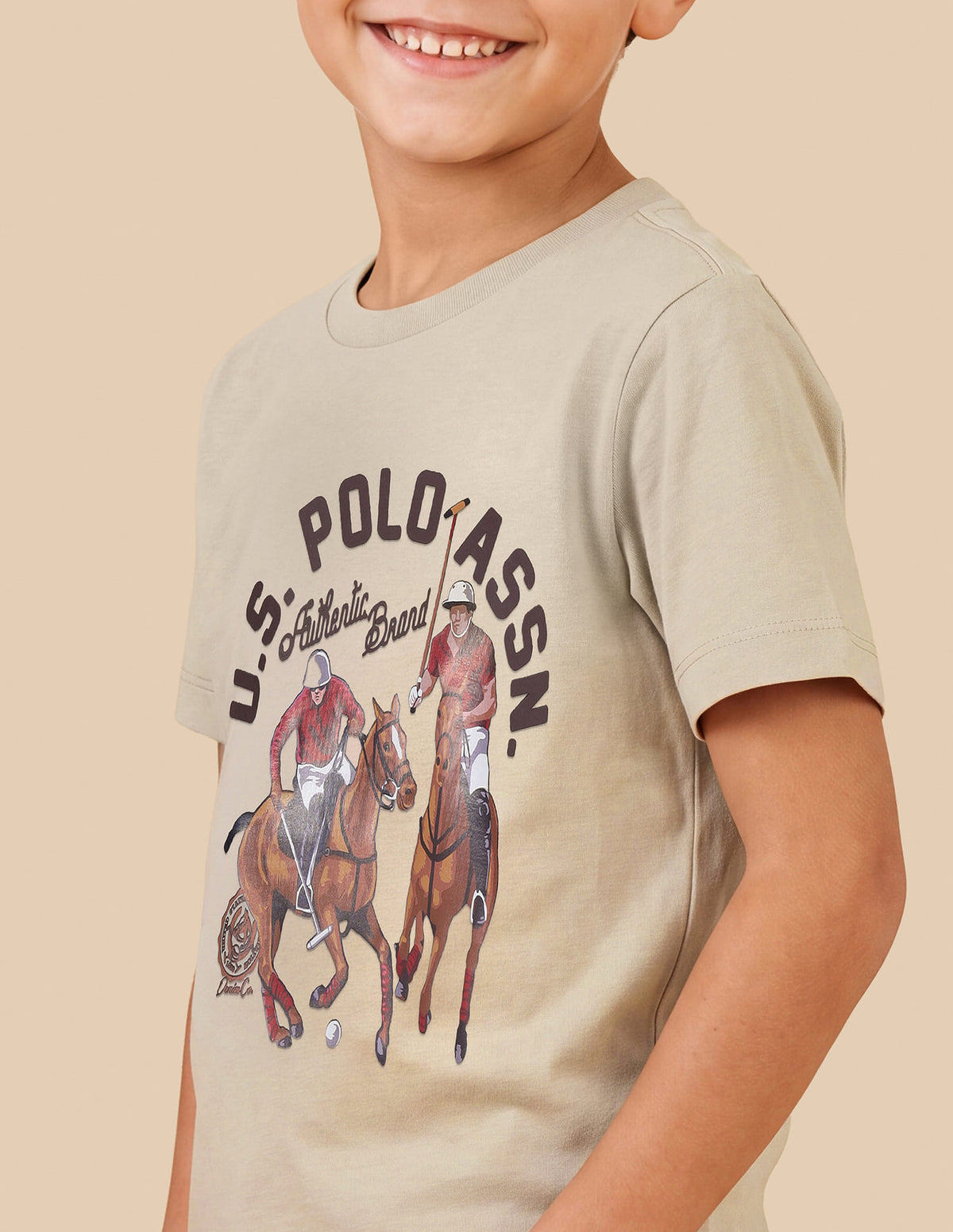 Boys Beige Cotton Graphic Print Regular Fit T-Shirt