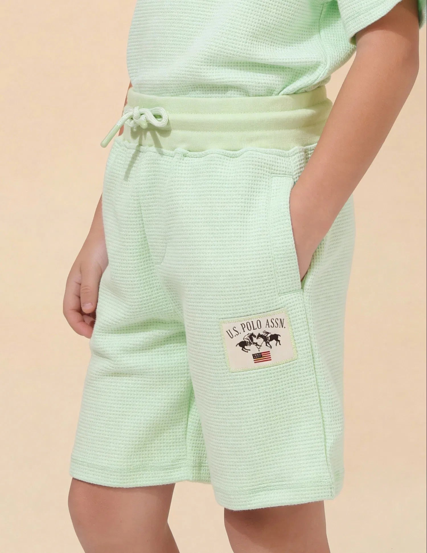 Boys Light Green Textured Cotton Blend Shorts Regular Fit