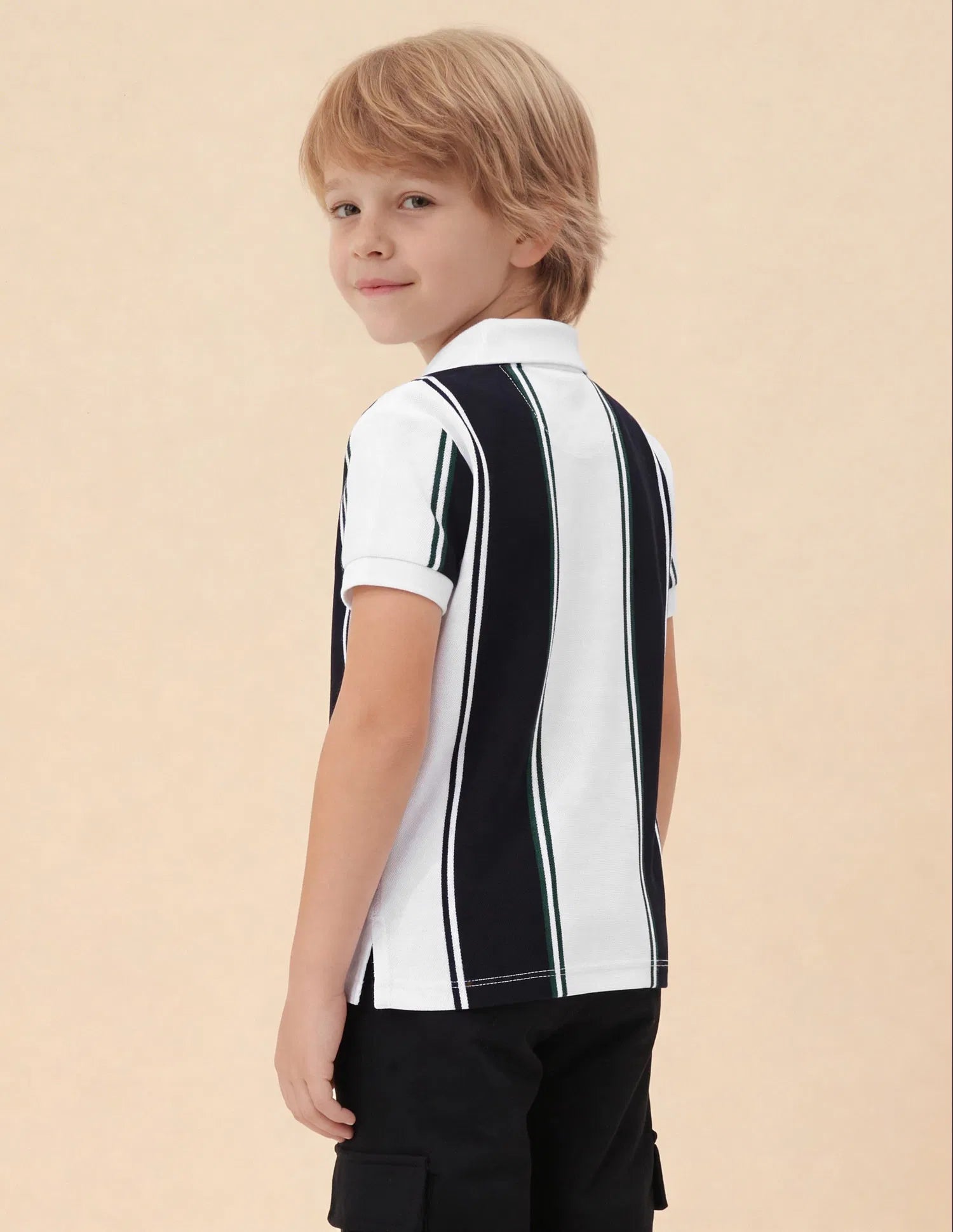 Boys White Cotton Vertical Striped Regular Fit Polo Shirt