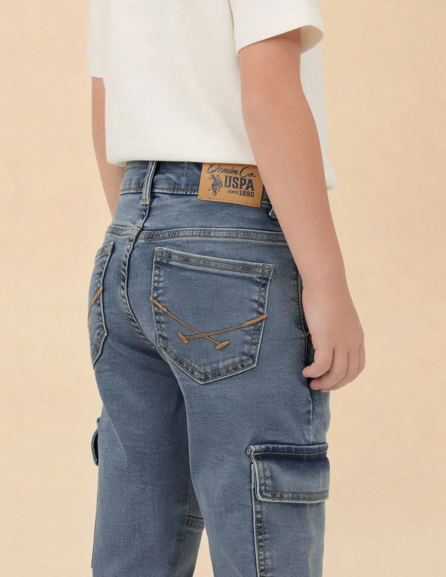 Boys Light Blue Cotton Slim Fit Cargo Jeans