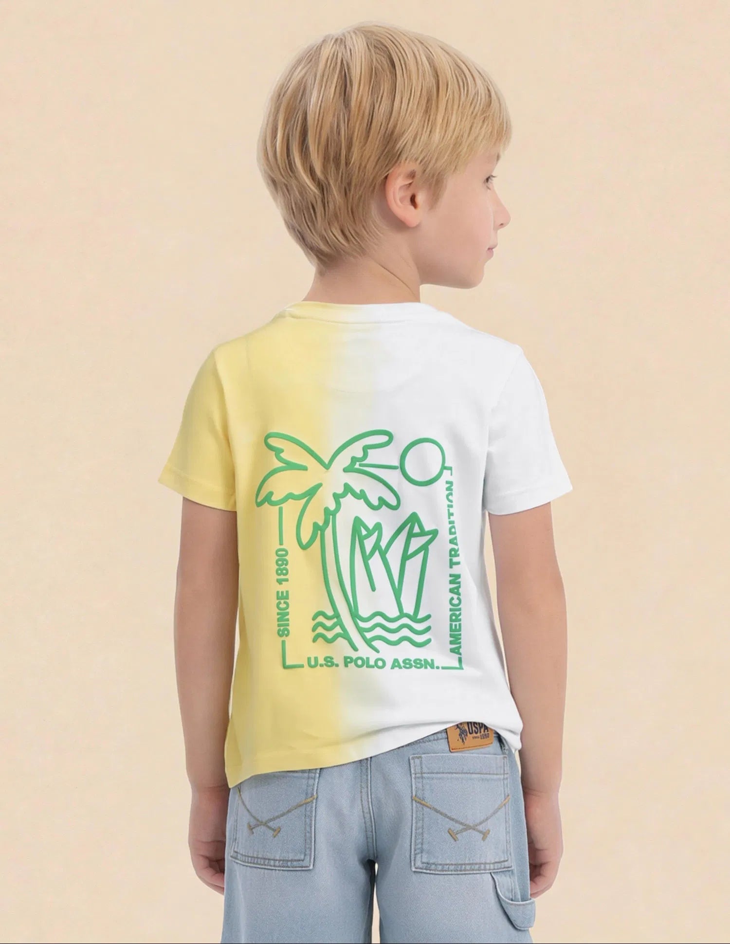 Boys Yellow Cotton Ombre Graphic Regular Fit T-Shirt