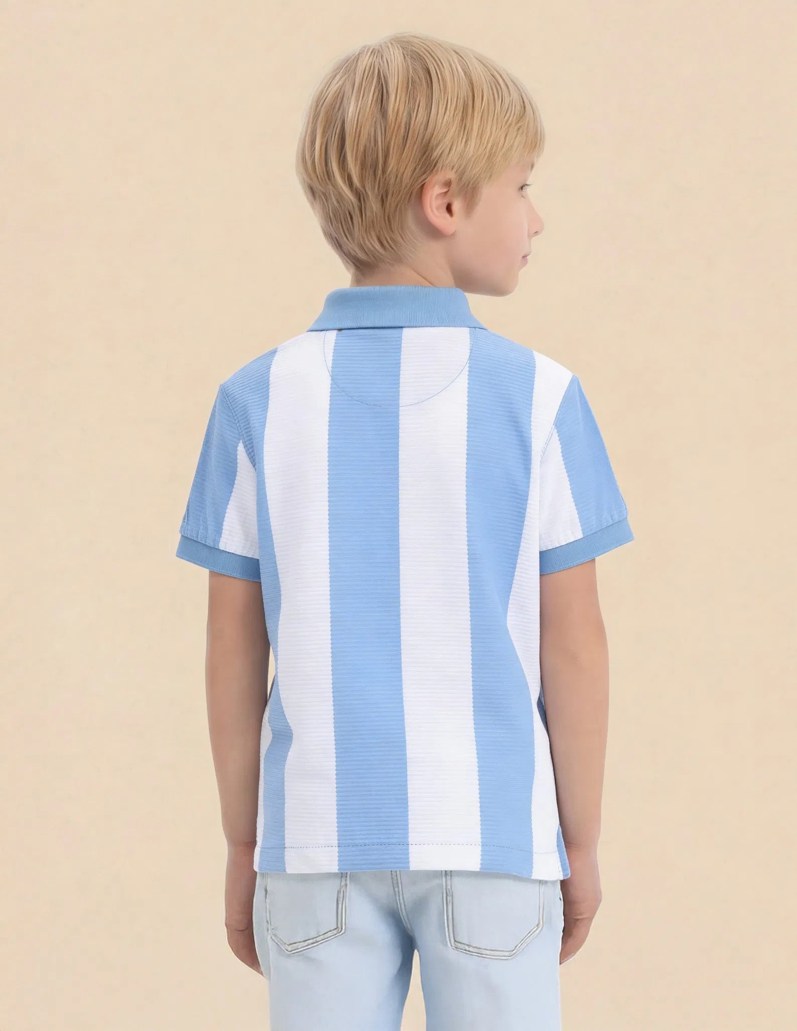 Boys Blue Cotton Vertical Striped Regular Fit Polo Shirt