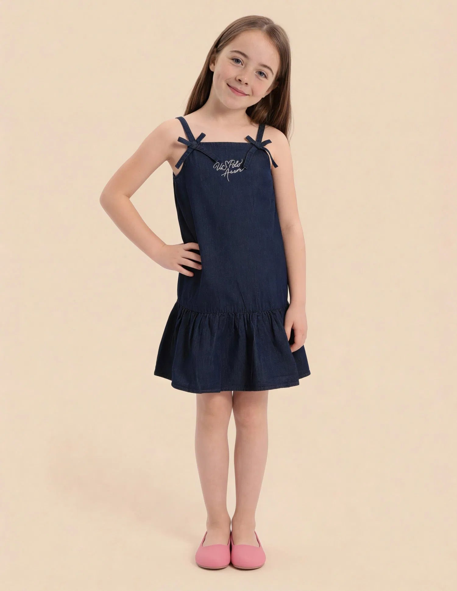 Girls Dark Blue Cotton Denim A-Line Strappy Dress