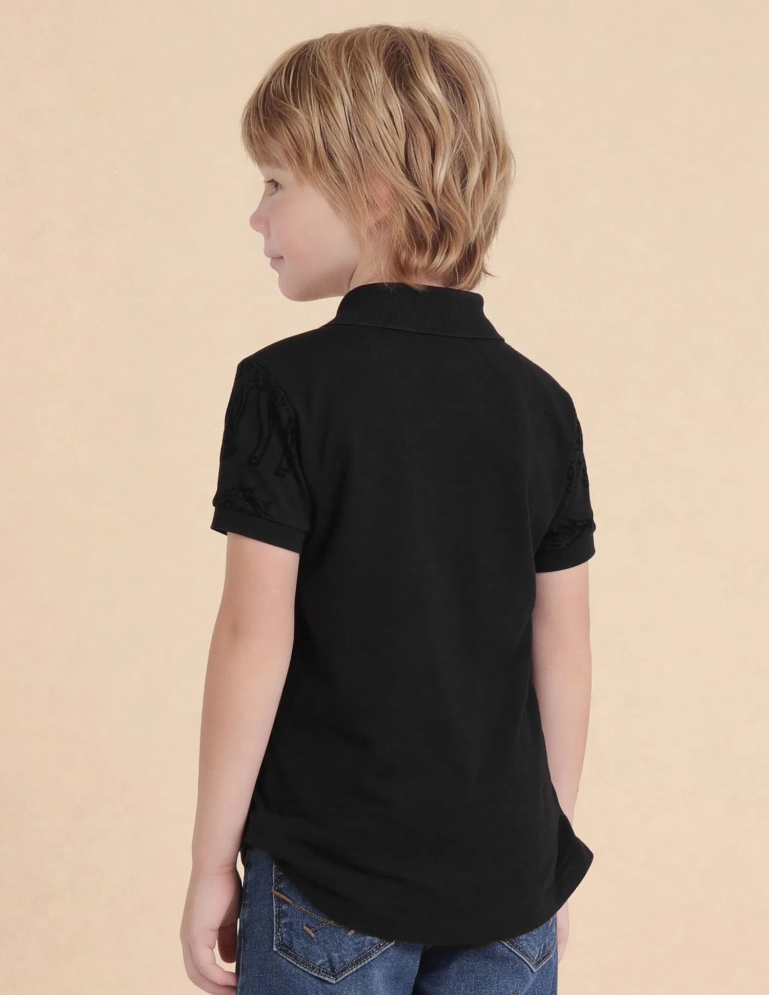 Boys Black Cotton Graphic Print Regular Fit Polo Shirt