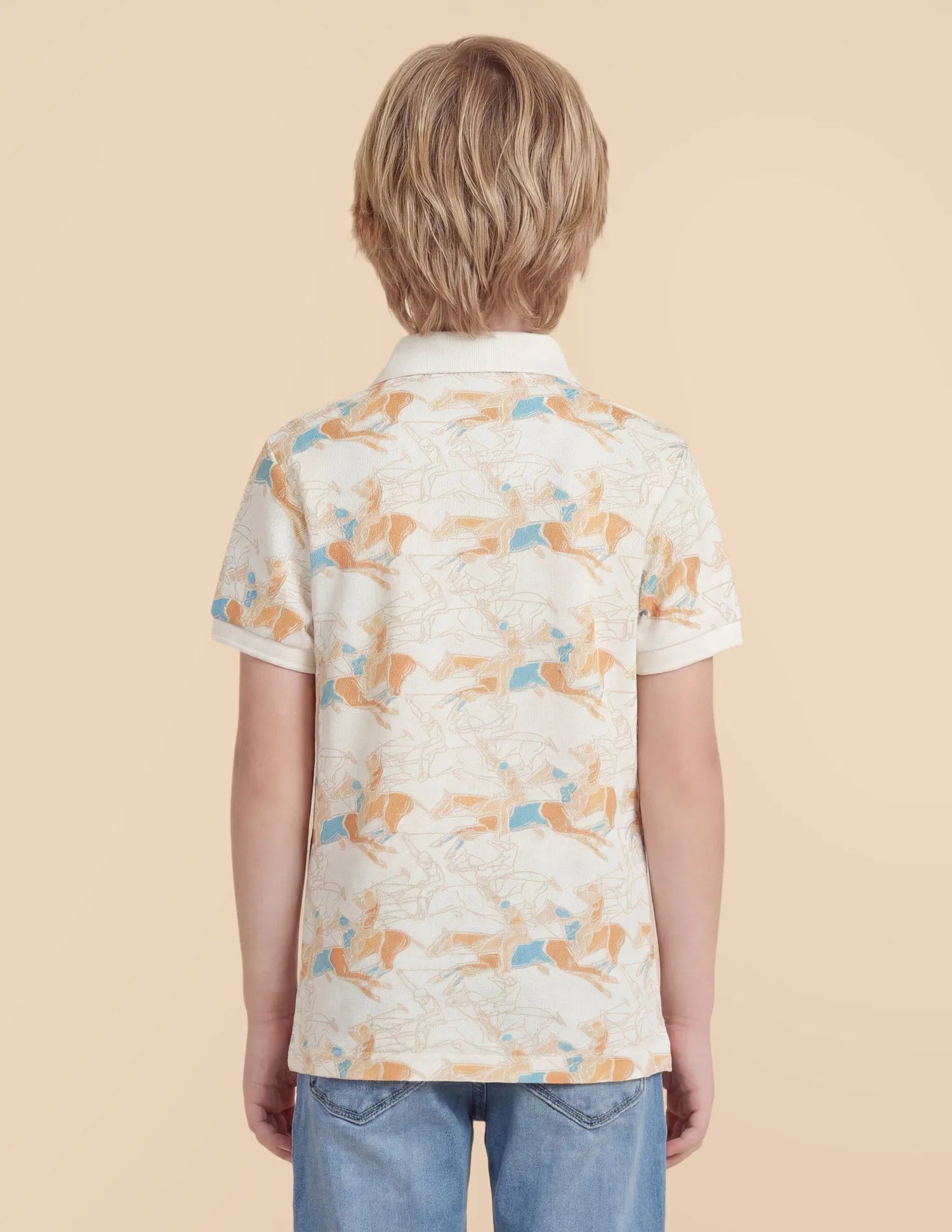 Boys Off White Cotton Graphic Print Regular Fit Polo Shirt