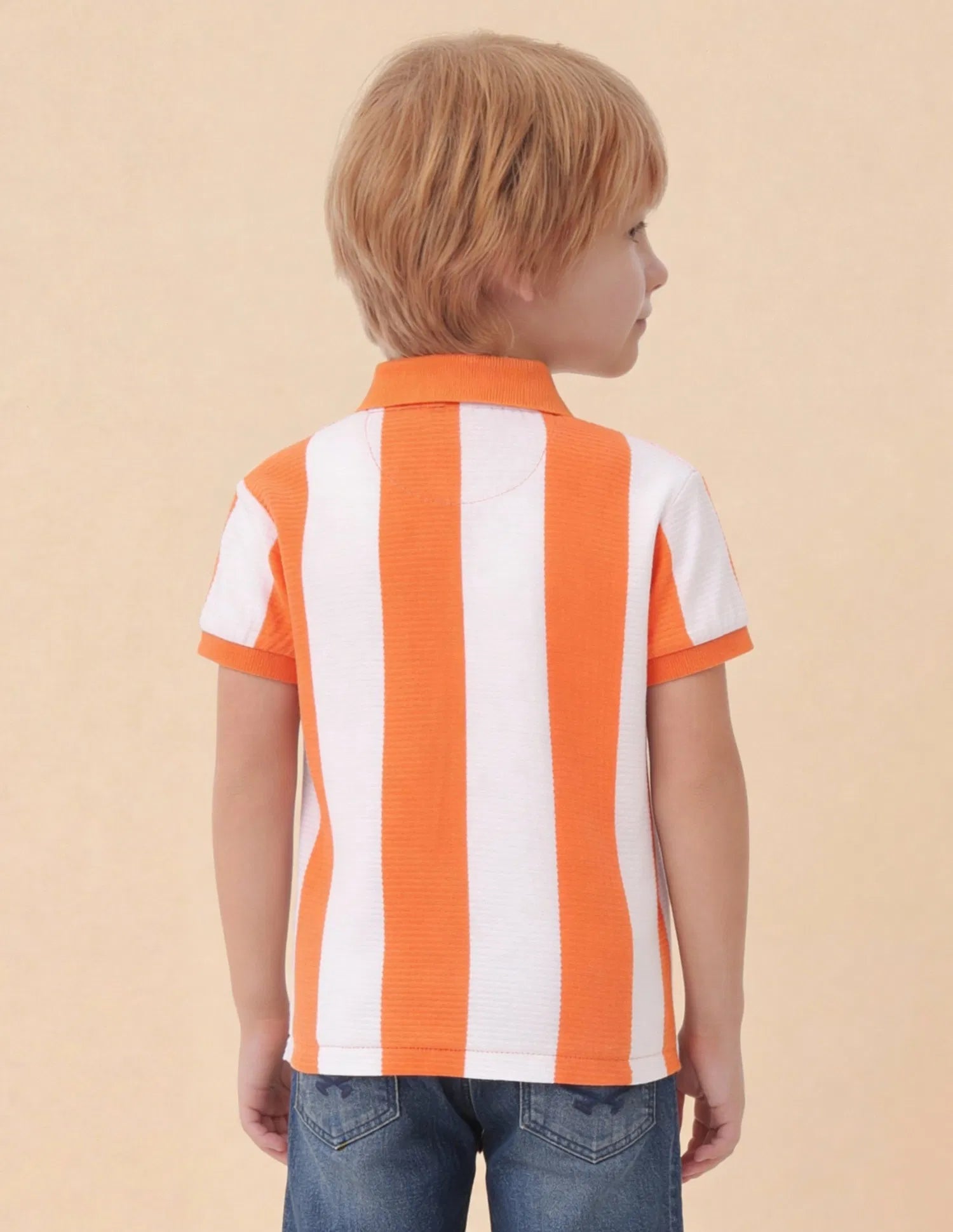 Boys Orange Cotton Blend Vertical Striped Regular Fit Polo Shirt