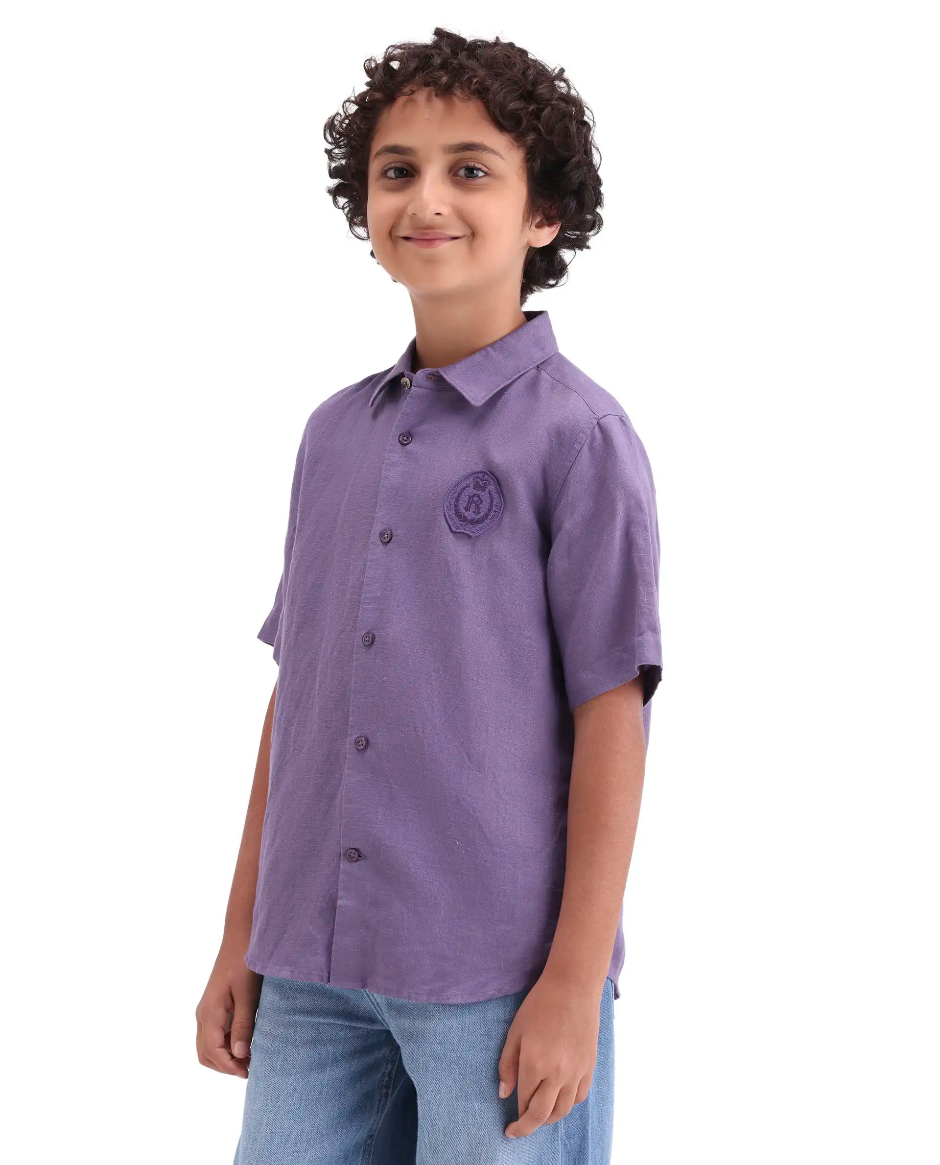 Boys Purple Linen Blend Regular Fit Shirt