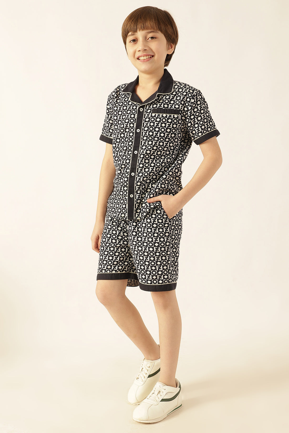 Boys Navy Blue Abstract Drawstring Cotton Shorts