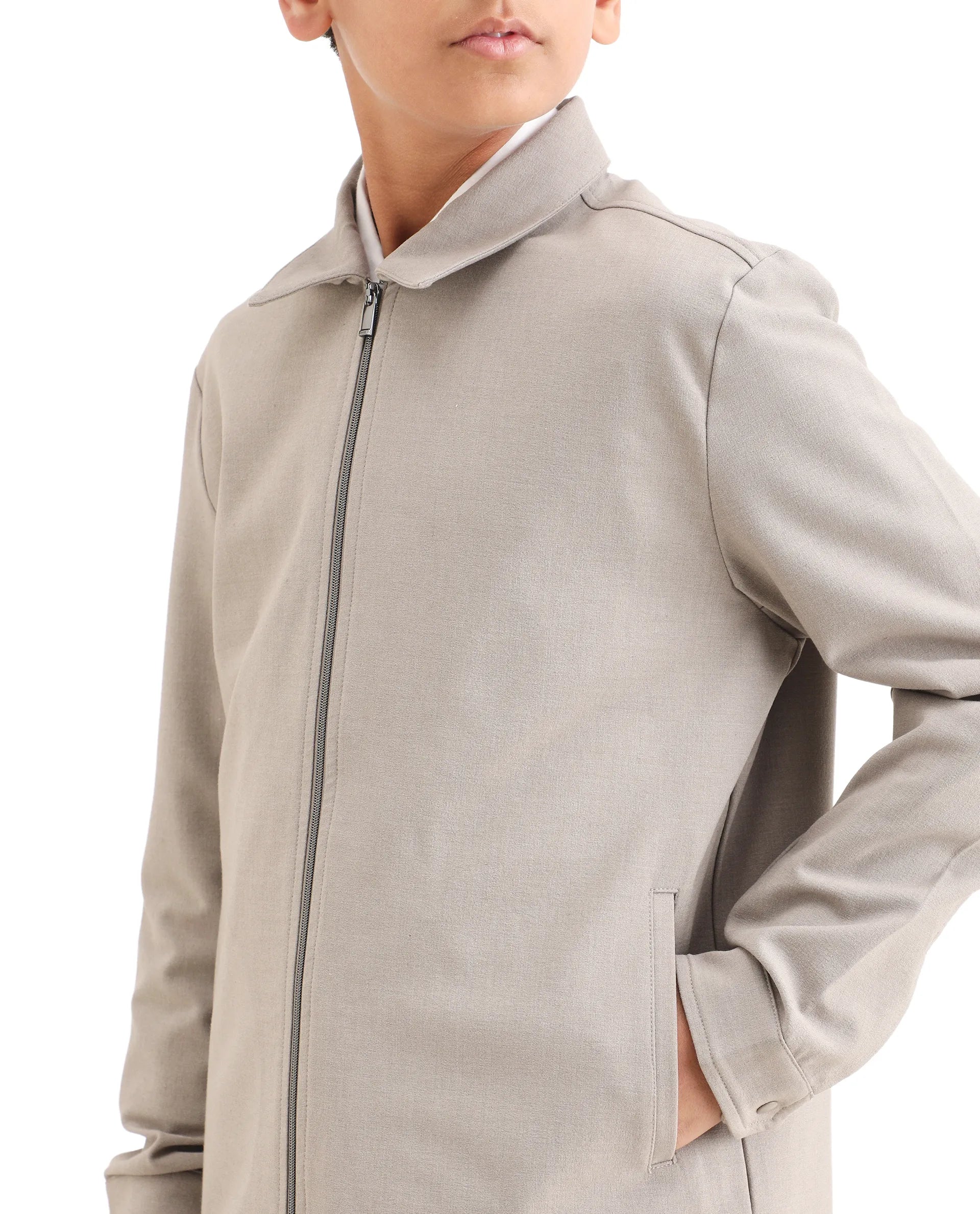 Boys Beige Polyester Blend Zipper Shacket