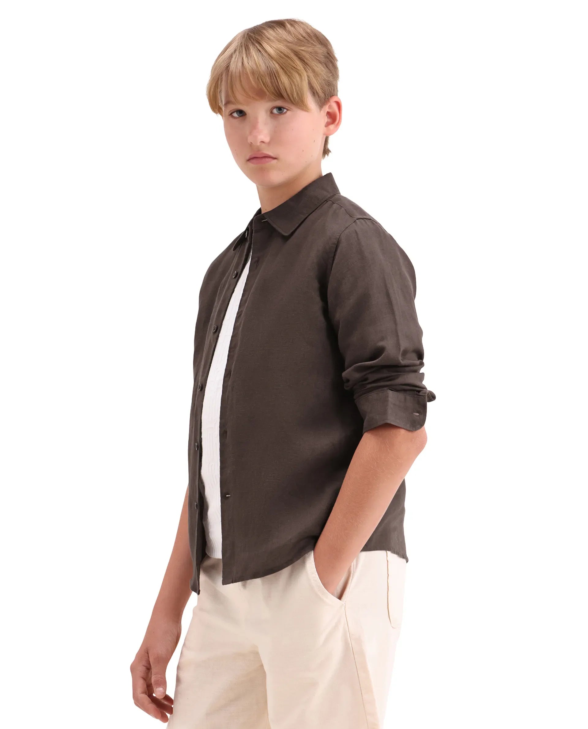 Boys Dark Brown Linen Blend Regular Fit Shirt