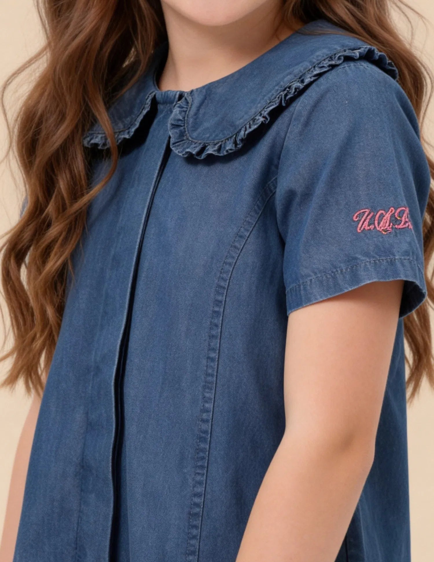 Girls Dark Blue Cotton Solid Denim A-Line Dress
