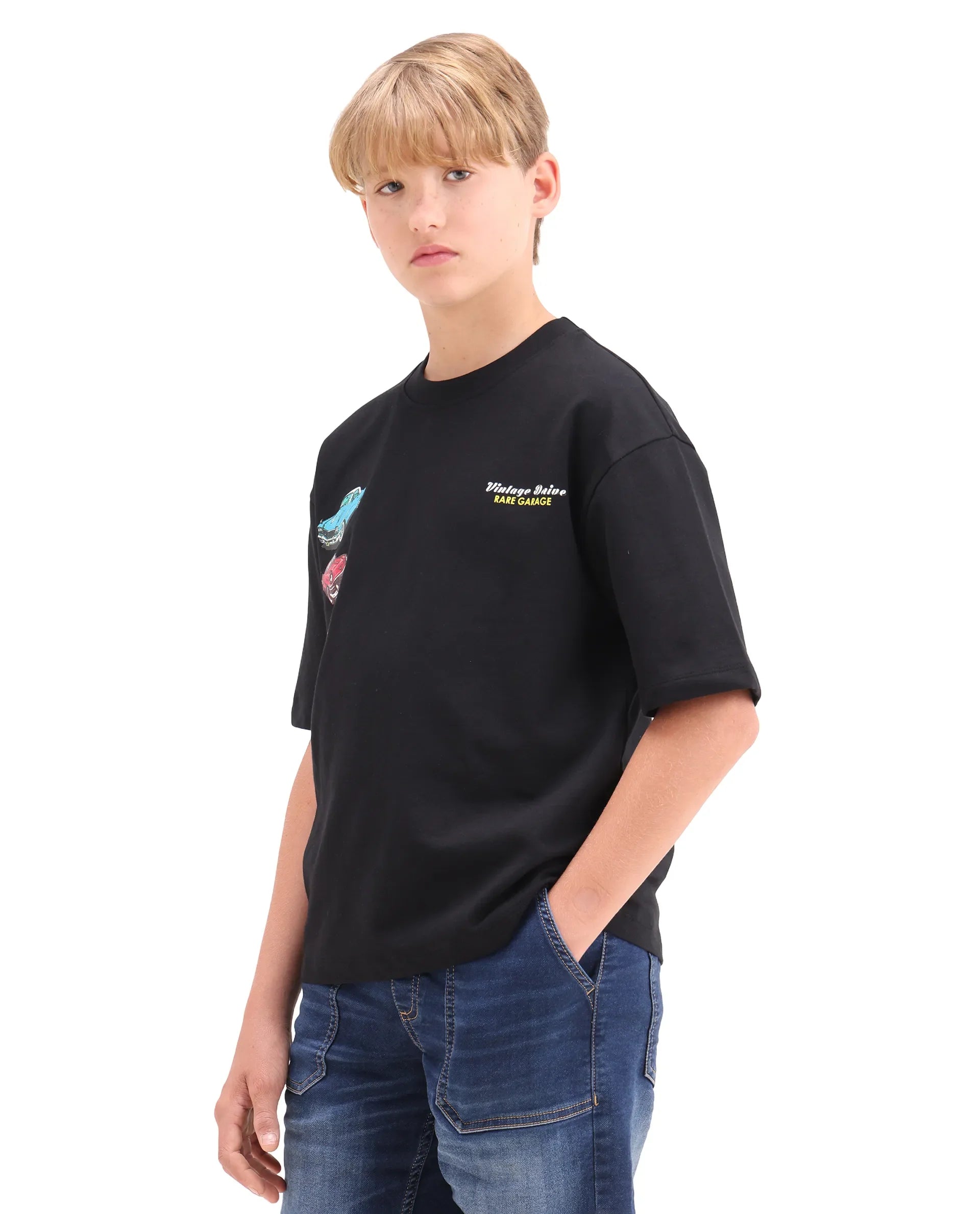 Boys Black Digital Print Oversized T-Shirt