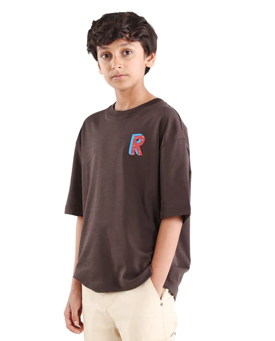 Rare Ones Boys Dark Brown Puff Print Boxy Cotton T-Shirt